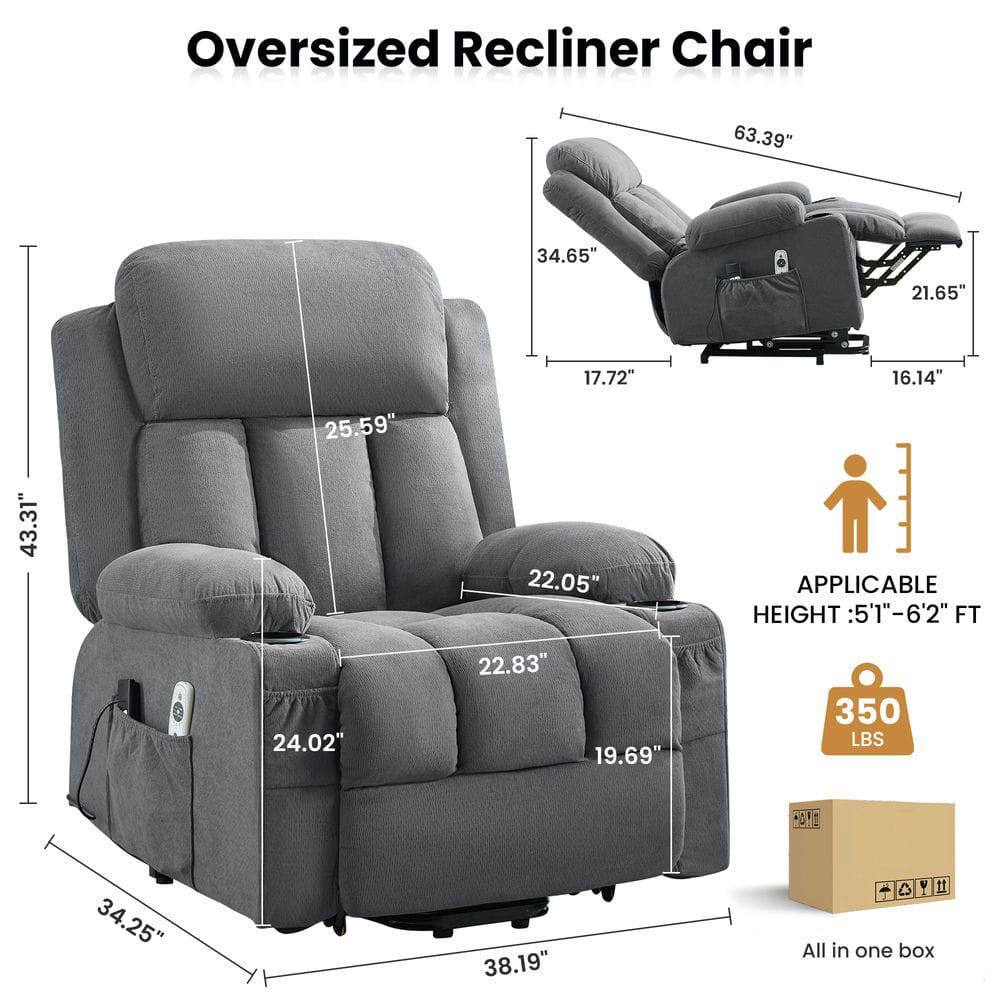 Oversized Recliner Chair

- 63.39" (length)
- 34.65" (width)
- 21.65" (depth)
- 43.31" (height)
- 25.59" (seat height)
- 17.72" (seat depth)
- 22.05" (armrest height)
- 16.14" (footrest height)
- 24.02" (side table height)
- 22.83" (side table width)
- 19.69" (side table depth)
- 350 LBS (weight capacity)
- 34.25" (overall width)
- 38.19" (overall depth)

Applicable Height: 5'1" - 6'2" FT

All in one box