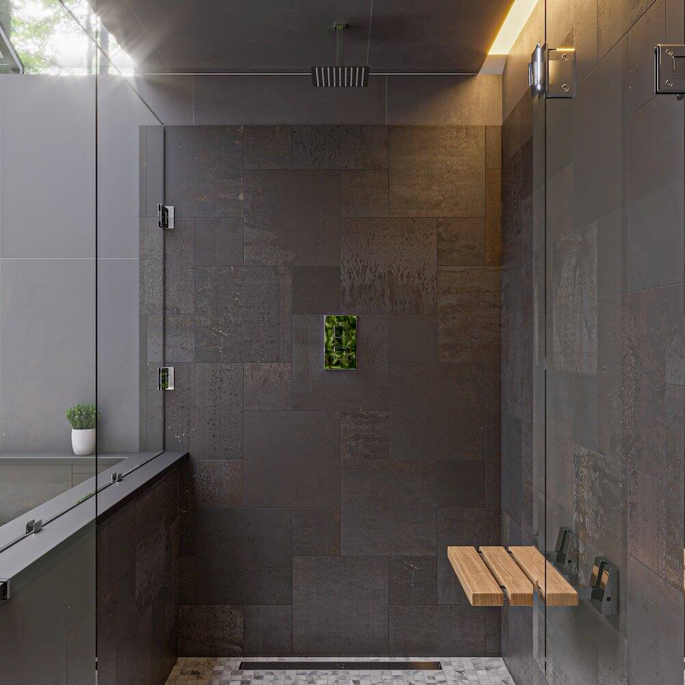 Left. Alfi - 47" Stainless Steel Linear Shower Drain with Groove Lines - Gray.