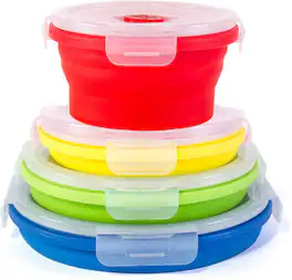 Kitchen + Home - Thin Bins Collapsible Containers - Set of 4 Round Silicone Food Storage Containers - red, yellow, green, blue