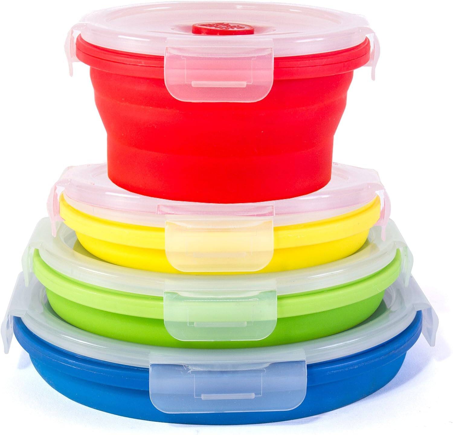 Kitchen + Home - Thin Bins Collapsible Containers - Set of 4 Round Silicone Food Storage Containers - red, yellow, green, blue