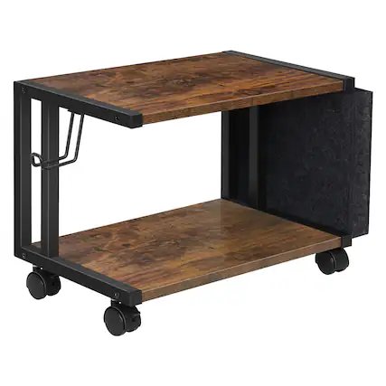 Front. Oumilen - C-Shaped Rolling Printer Stand with Storage Bag, Rustic Wood Desktop Printer Cart with Lockable Wheels - Brown.