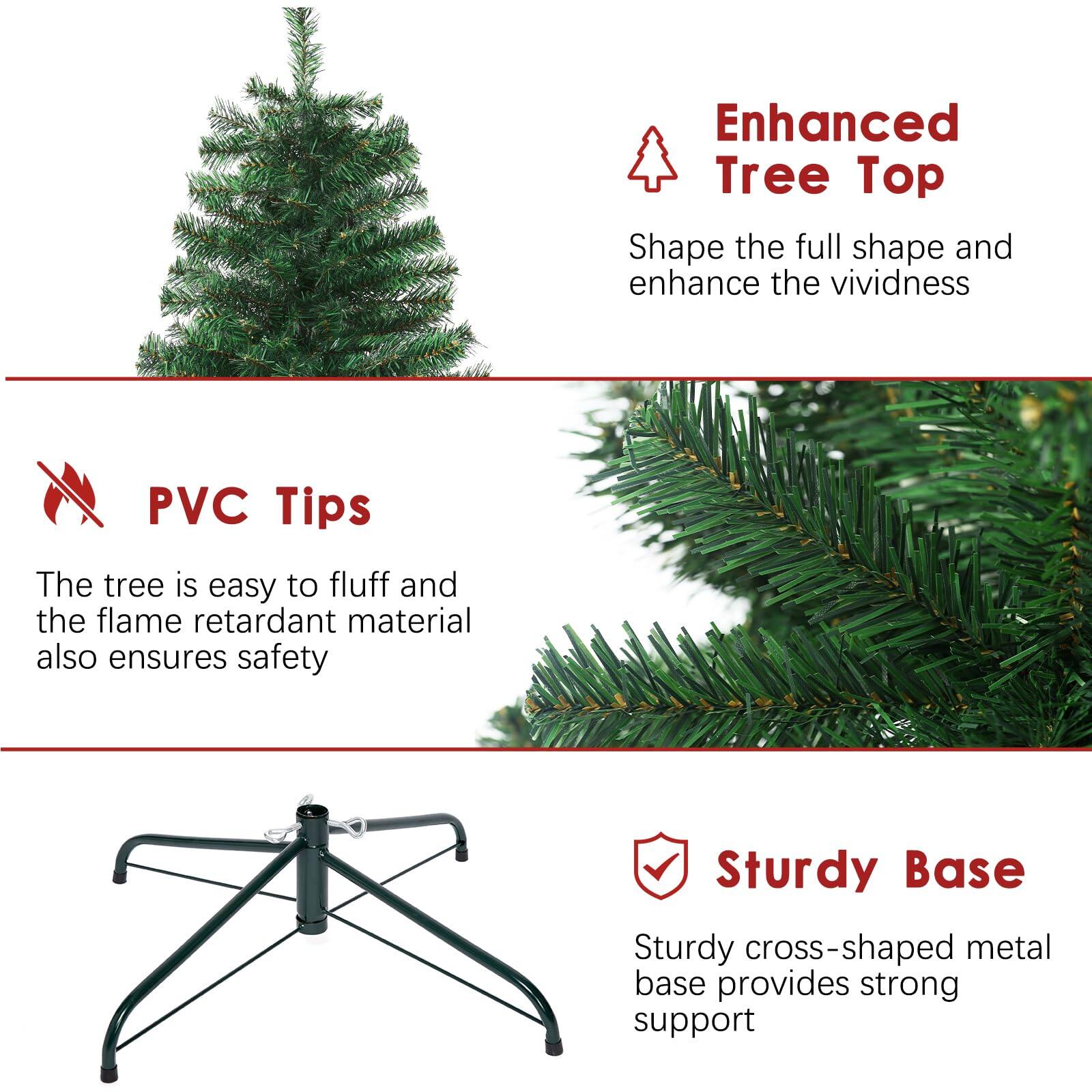 Enhanced Tree Top  
Shape the full shape and enhance the vividness  

PVC Tips  
The tree is easy to fluff and the flame retardant material also ensures safety  

Sturdy Base  
Sturdy cross-shaped metal base provides strong support
