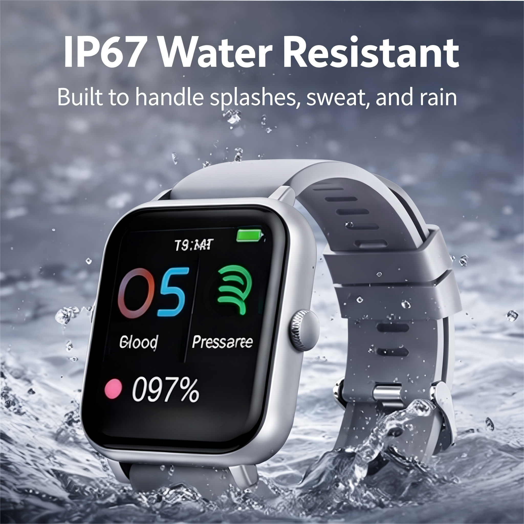 IP67 Water Resistant  
Built to handle splashes, sweat, and rain  

T9:1AT  
05  
Blood Pressure  
097%