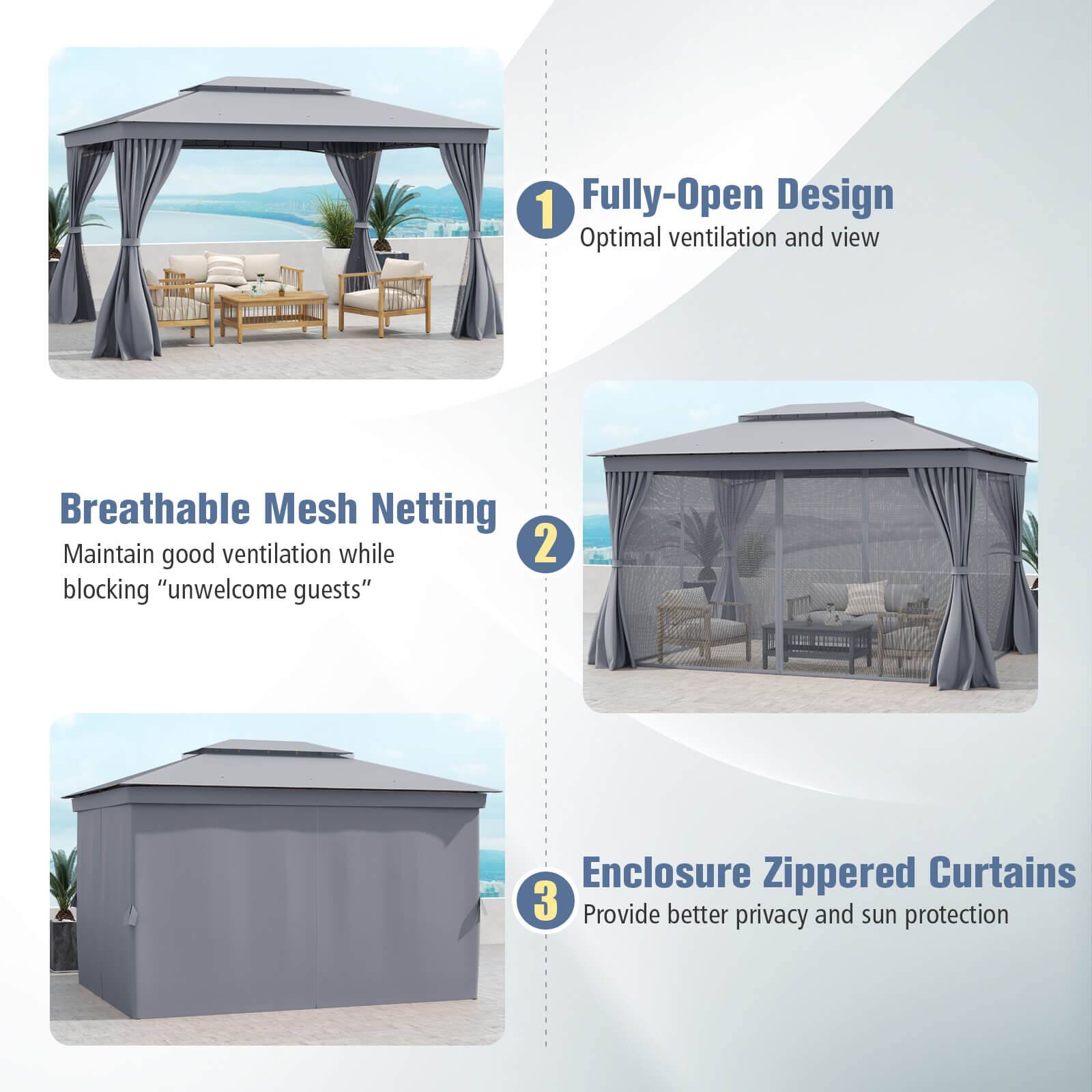 1. Fully-Open Design  
   Optimal ventilation and view

2. Breathable Mesh Netting  
   Maintain good ventilation while blocking "unwelcome guests"

3. Enclosure Zippered Curtains  
   Provide better privacy and sun protection