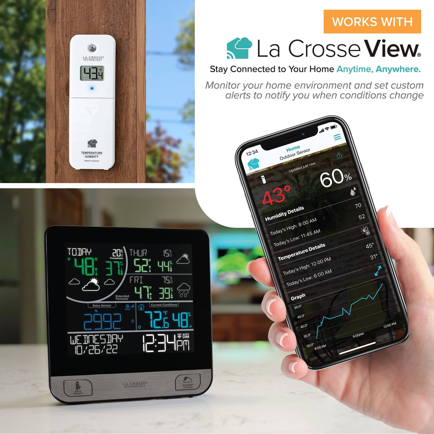 CEROLIE FATOCs 43i WORKS WITH La Crosse View. Stay Connected to Your Home Anytime, Anywhere. Monitor your home environment and set custom alerts to notify you when conditions change.

TEMPERATURE - TODAY 20% THUR 15° 48: 37 :52 44 FRI 75° 47: 39 :52 44°

WEDNESDAY 12:34 PM Home Sensor 12:34 Outdoor Sensor Updated 60% 43° 70° Details Humidity AM 52% 8:00 AM High: 45° Today's Low: 31° Today's High: 43° Today's Low: 31°

Graph 10.0 40 12:00 PM 8:00 AM

B-OGAM 1F 8:00 AM LA CROSSE

WORKS WITH La Crosse View. Stay Connected to Your Home Anytime, Anywhere. Monitor your home environment and set custom alerts to notify you when conditions change.

Home Outdoor Sensor Updated just now 4