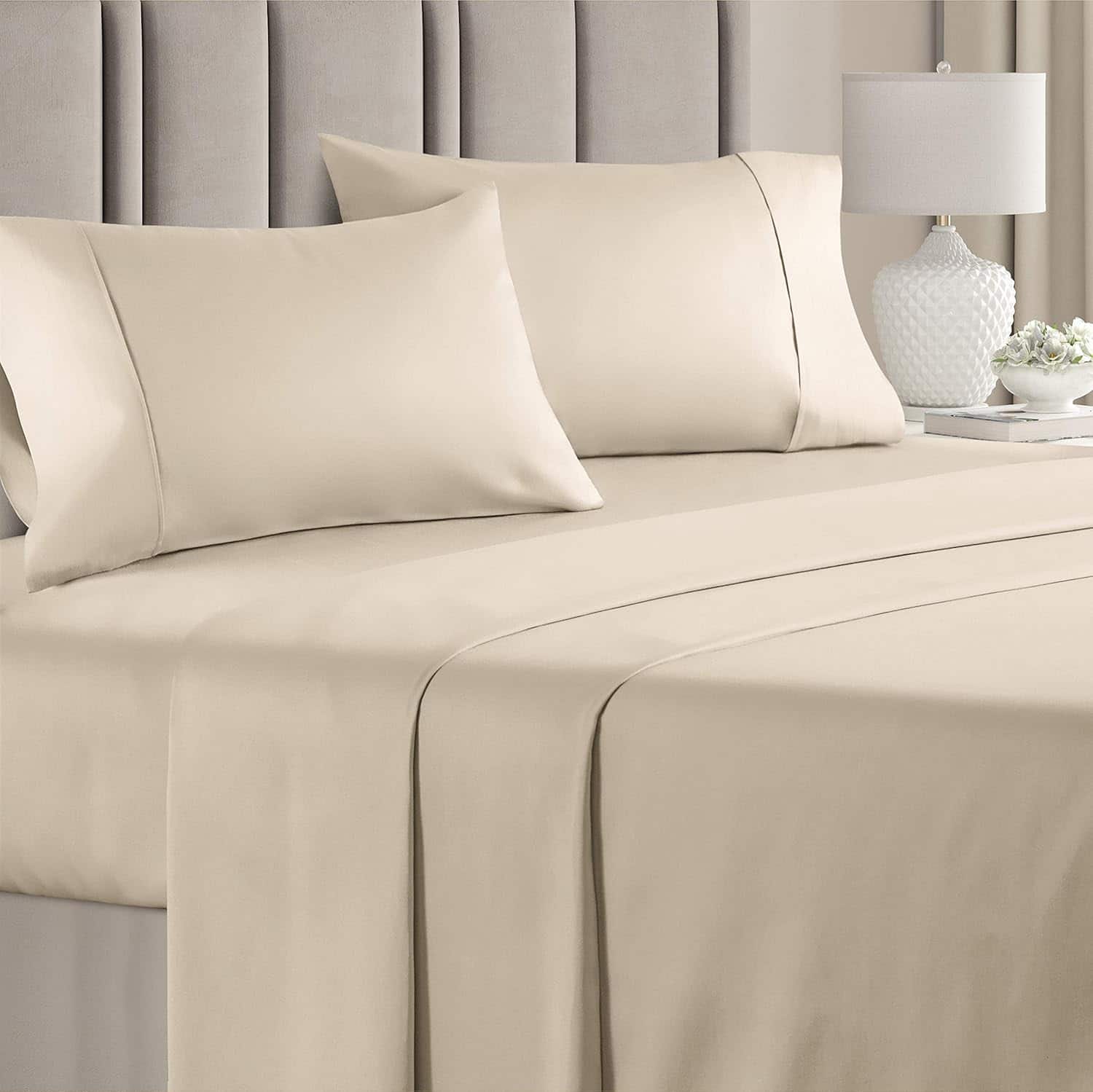 CGK Linens - 100% Cotton 400 Thread Count 4 Piece Sheet Set - Soft & Cozy Sateen Bed Sheets - Full - Cream