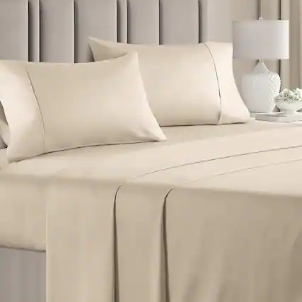 Front. CGK Linens - 100% Cotton 400 Thread Count 4 Piece Sheet Set - Soft & Cozy Sateen Bed Sheets - Full - Cream.