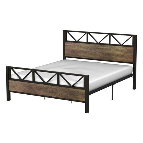 Hivvago - Queen Metal Wood Vintage Industrial Platform Bed Frame with Headboard Footboard - Black