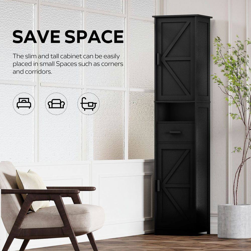 Back. Kadyn - 69" H Tall Bathroom Storage Cabinet with 2 Barn Doors and 1 Drawer, Narrow Storage Unit, Adjustable Shelves, Black - Black.