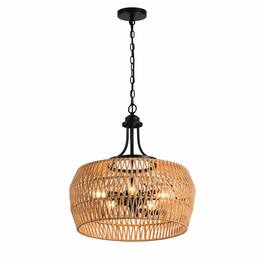RYHNUYNE - 19 Inch Handcrafted Jute Pendant Light with Adjustable Cord, Natural Hemp Rope Shade, Black Metal Accents, Warm Ambient