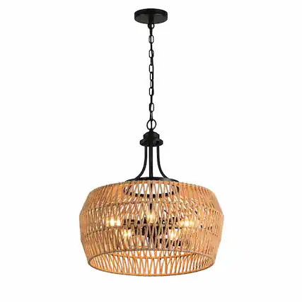 Front. RYHNUYNE - 19 Inch Handcrafted Jute Pendant Light with Adjustable Cord, Natural Hemp Rope Shade, Black Metal Accents, Warm Ambient.