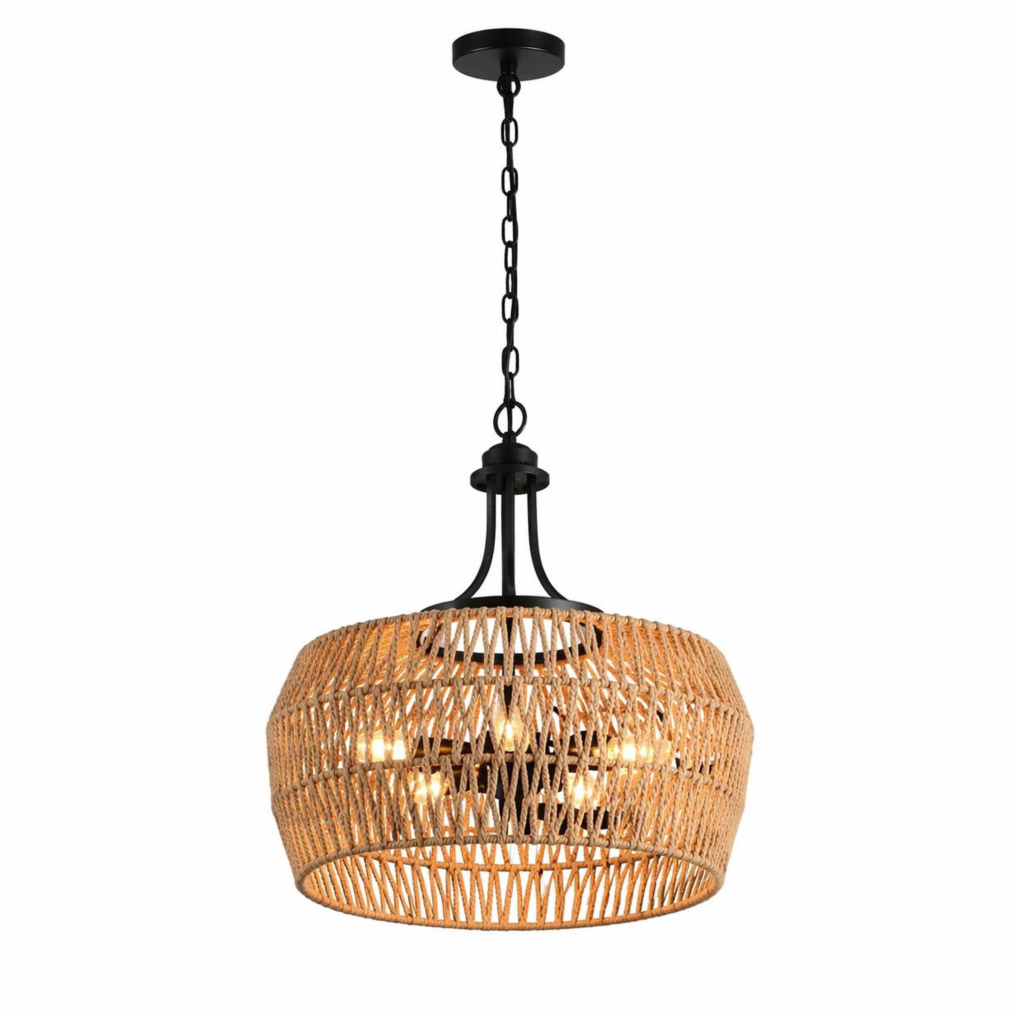 Front. RYHNUYNE - 19 Inch Handcrafted Jute Pendant Light with Adjustable Cord, Natural Hemp Rope Shade, Black Metal Accents, Warm Ambient.