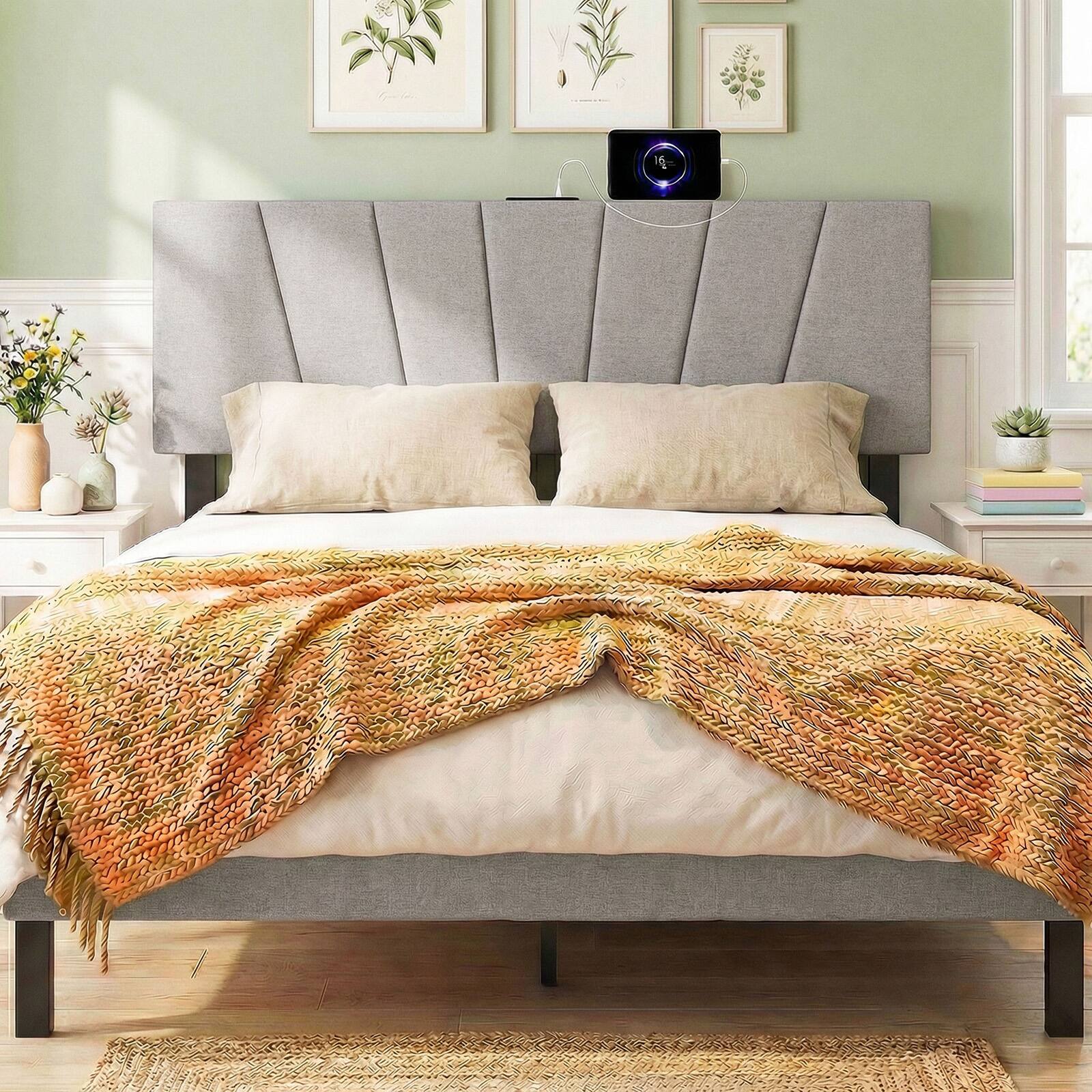 Alt View 1. Gymax - Gymax Headboard for Queen&Full Size BedGeometric Upholstered Head Board w/2AC Outlets Gray - Grey.