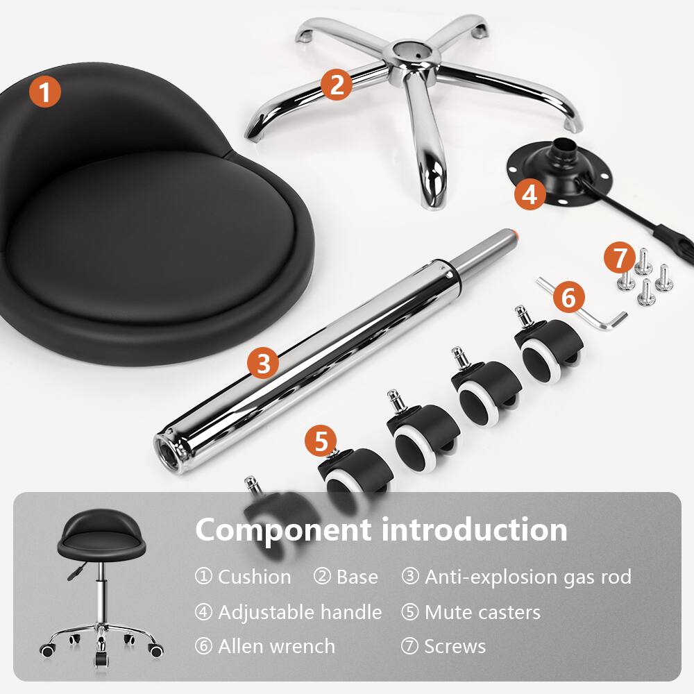 1. Cushion  
2. Base  
3. Anti-explosion gas rod  
4. Adjustable handle  
5. Mute casters  
6. Allen wrench  
7. Screws  

Component introduction  
1. Cushion  
2. Base  
3. Anti-explosion gas rod  
4. Adjustable handle  
5. Mute casters  
6. Allen wrench  
7. Screws