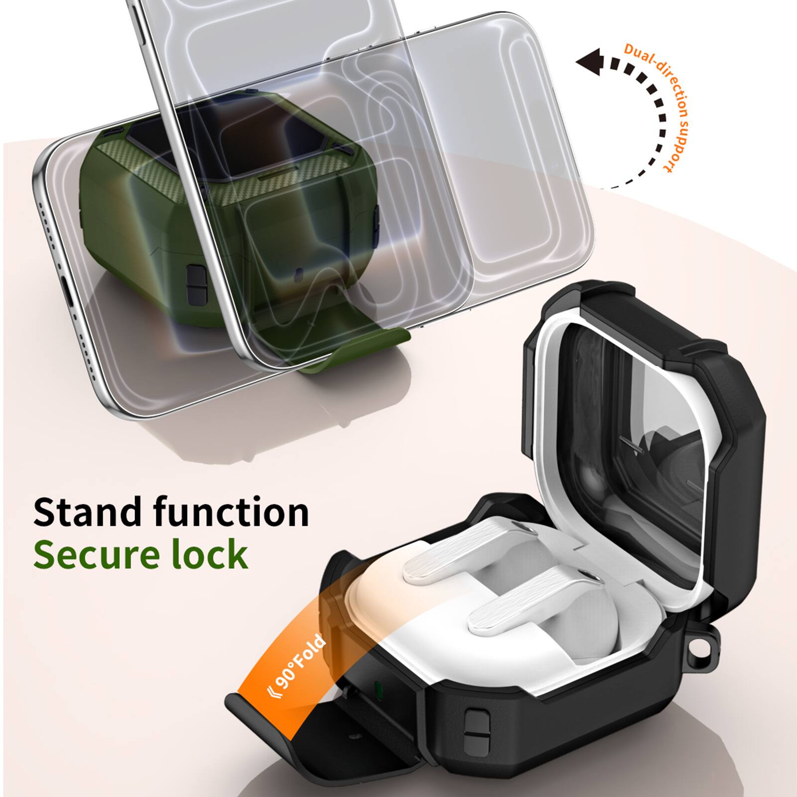 Dual-direction support  
Stand function  
Secure lock  
<90° Fold