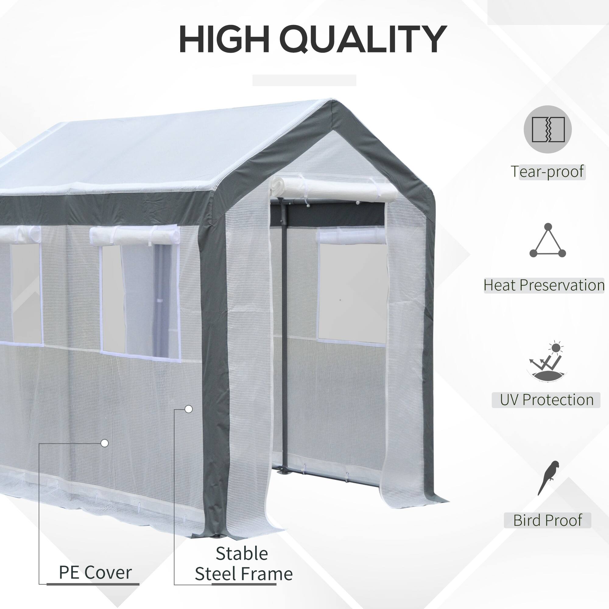 HIGH QUALITY

Tear-proof
Heat Preservation
UV Protection
Bird Proof
PE Cover
Stable Steel Frame
