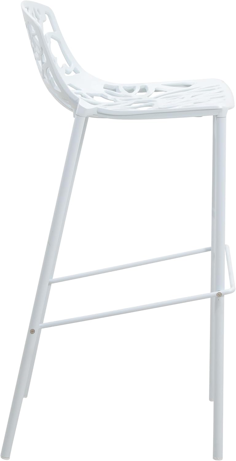 Back. LeisureMod - Devon 31" Aluminum Bar Stool - Modern Floral Cutout Indoor/Outdoor Patio Stool with Footrest - White.