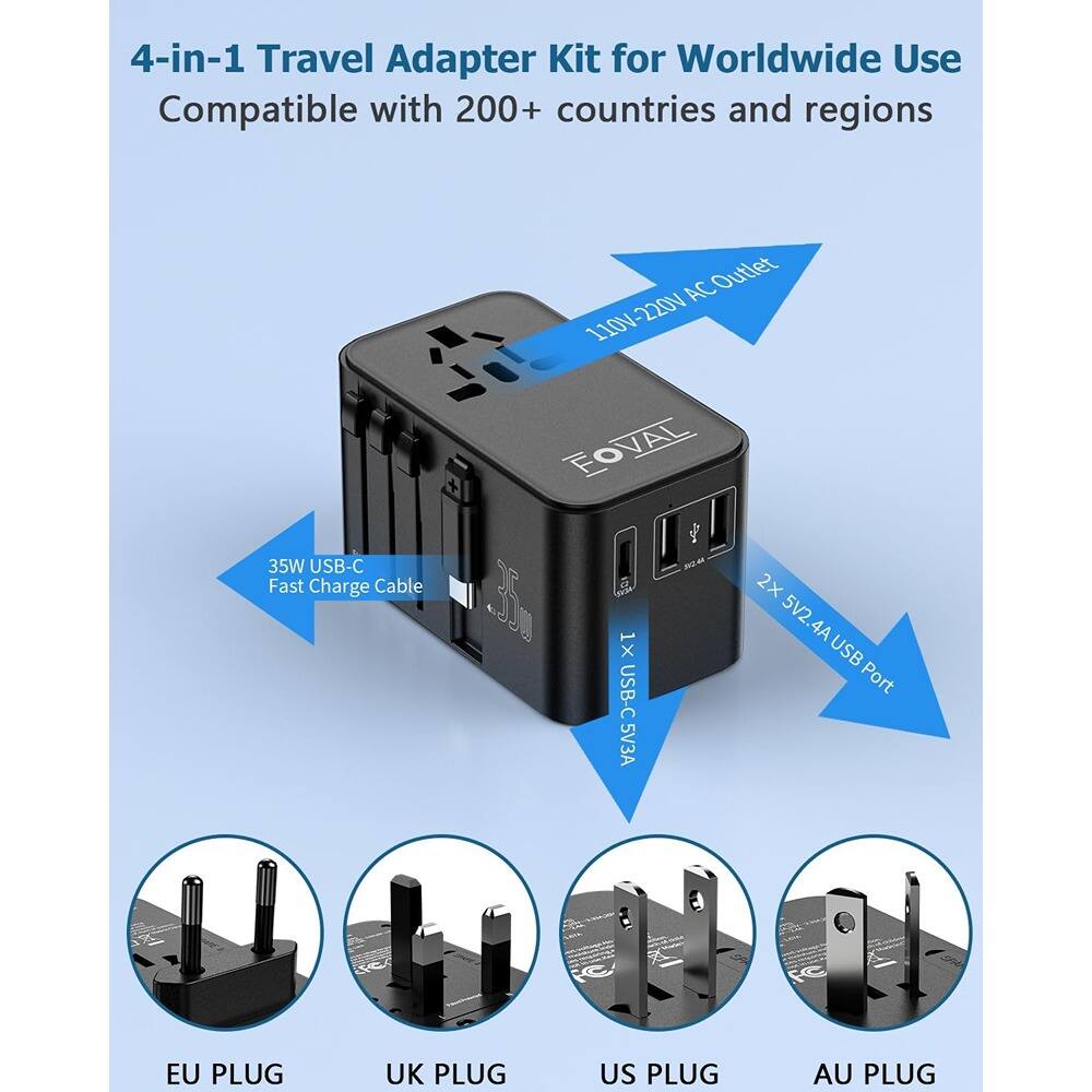 4-in-1 Travel Adapter Kit for Worldwide Use  
Compatible with 200+ countries and regions  

- 110V-220V AC Outlet  
- 35W USB-C Fast Charge Cable  
- 1x USB-C 5V3A  
- 2x 5V2.4A USB Port  
- EU PLUG  
- UK PLUG  
- US PLUG  
- AU PLUG