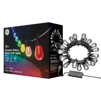 Sure, here is the corrected and grouped text from the image:
---
**Product Name:**
- Sync Dynamic Effects Smart Café Lights
**Features:**
- 48 FT
- 20 Bulb String + Power Supply
- Multi-Color LED
- Indoor/Outdoor Use
- Waterproof
- 100% Energy Efficient
- 100% Safe for Pets
- 100% Safe for Kids
**Effects:**
- 100% Color Changing
- 100% Fade Effect
- 100% Flash Effect
- 100% Strobe Effect
**Compatibility:**
- Works with Alexa
- Works with Google Assistant
**Power Supply:**
- 12V 1A
**Warranty:**
- 1 Year Warranty
**Additional Information:**
- Easy to Install
- Durable and Long-Lasting
- Perfect for Parties, Festivals, and Decorations
---
This text is grouped and corrected based on the information visible in the image.