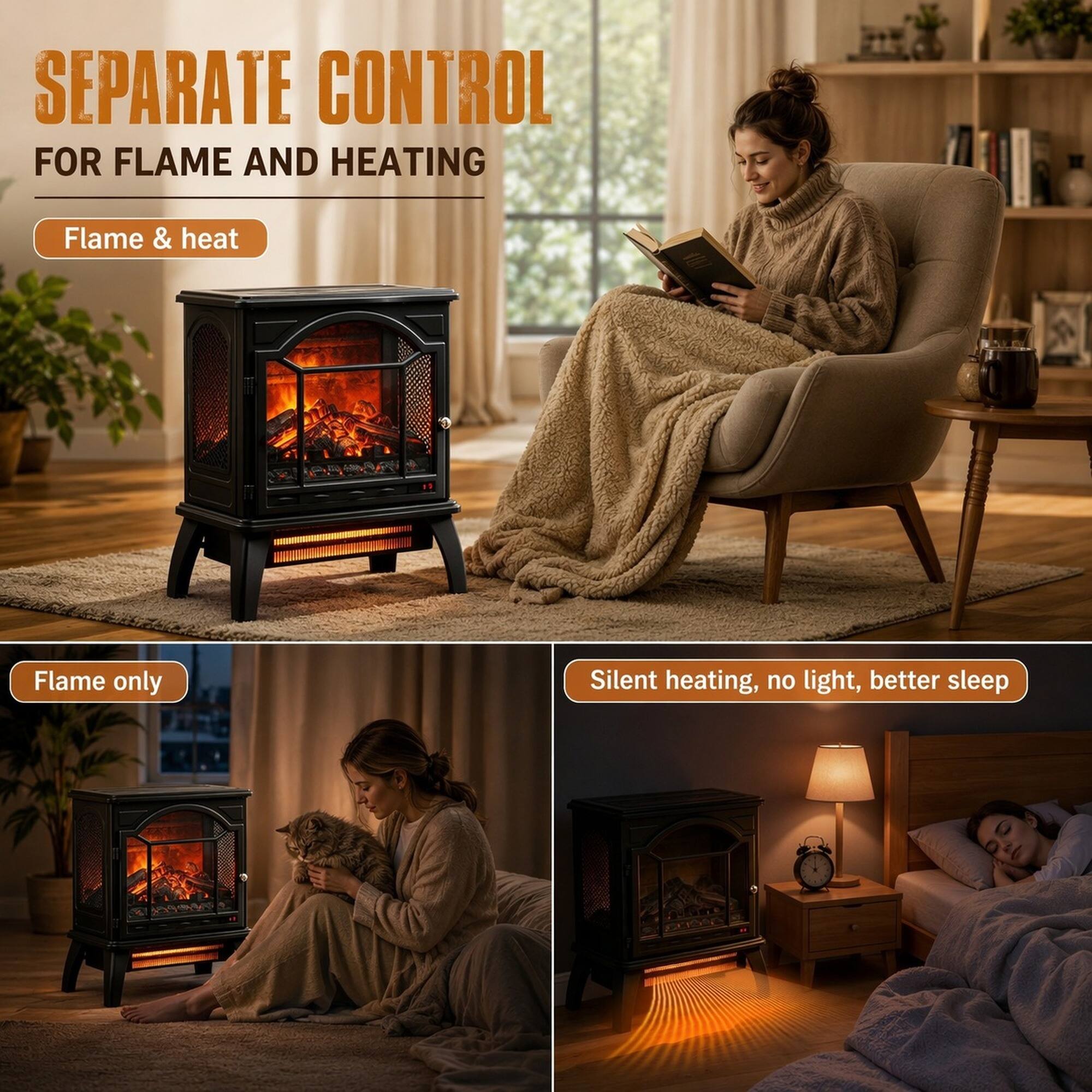 SEPARATE CONTROL FOR FLAME AND HEATING

Flame & heat

Flame only

Silent heating, no light, better sleep