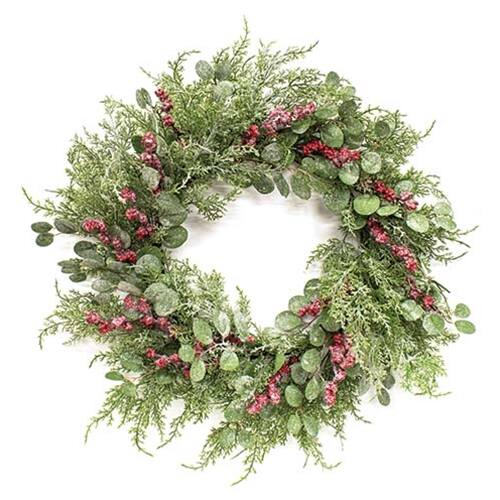 Front. BreeBe - Frosted Eucalyptus Cedar and Red Berry Wreath 24" - Multi.