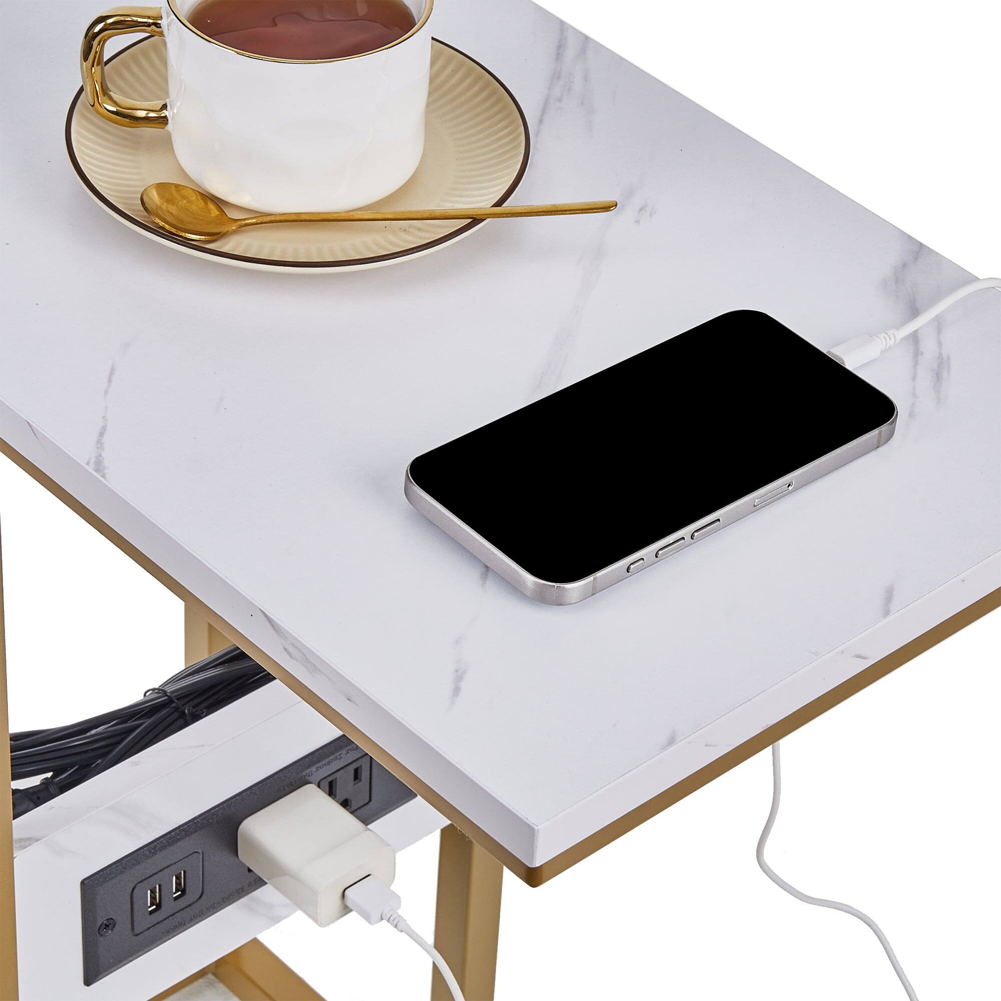 Back. Vecelo - 2Pack C Shaped End Table with socket, Sofa Side Table with Metal Frame, Easy to Assemble Snack Table - Gold.
