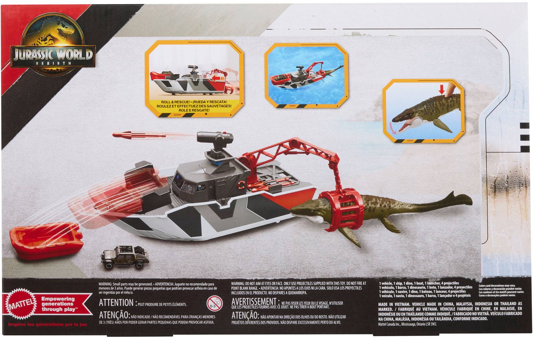 **Jurassic World Rebirth**

**Roll & Rescue!**
- Rueda y Rescate!
- Effectuez des Sauvetages!
- Role Rescue!

**WARNING: Small parts may be generated.**
- ADVERTENCIA: Juguete recomendado para menores de 3 años. Puede generar piezas pequeñas que podrían provocar asfixia.
- ATTENTION: Peut produire de petits éléments. Viser yeux visage n'utiliser que projectiles fournis avec ce jouet. Ne pas tirer à bout portant.
- AVERTISSEMENT: Ne viser les yeux ou le visage. Utiliser uniquement les projectiles fournis avec ce jouet. Ne pas tirer à bout portant.
- ATENÇÃO: Não apontar na direção dos olhos ou do rosto. Não utilizar projéteis diferentes dos fornidos. Não disparar excessivamente perto do alvo.

**Empowering generations through play**
- Inspire les générations par le jeu

**1 vehicle, 1 ship, 1 dino, 1 boat, 1 launcher, 4 projectiles**
- 1 vehículo, 1 barco, 1 dinosaurio