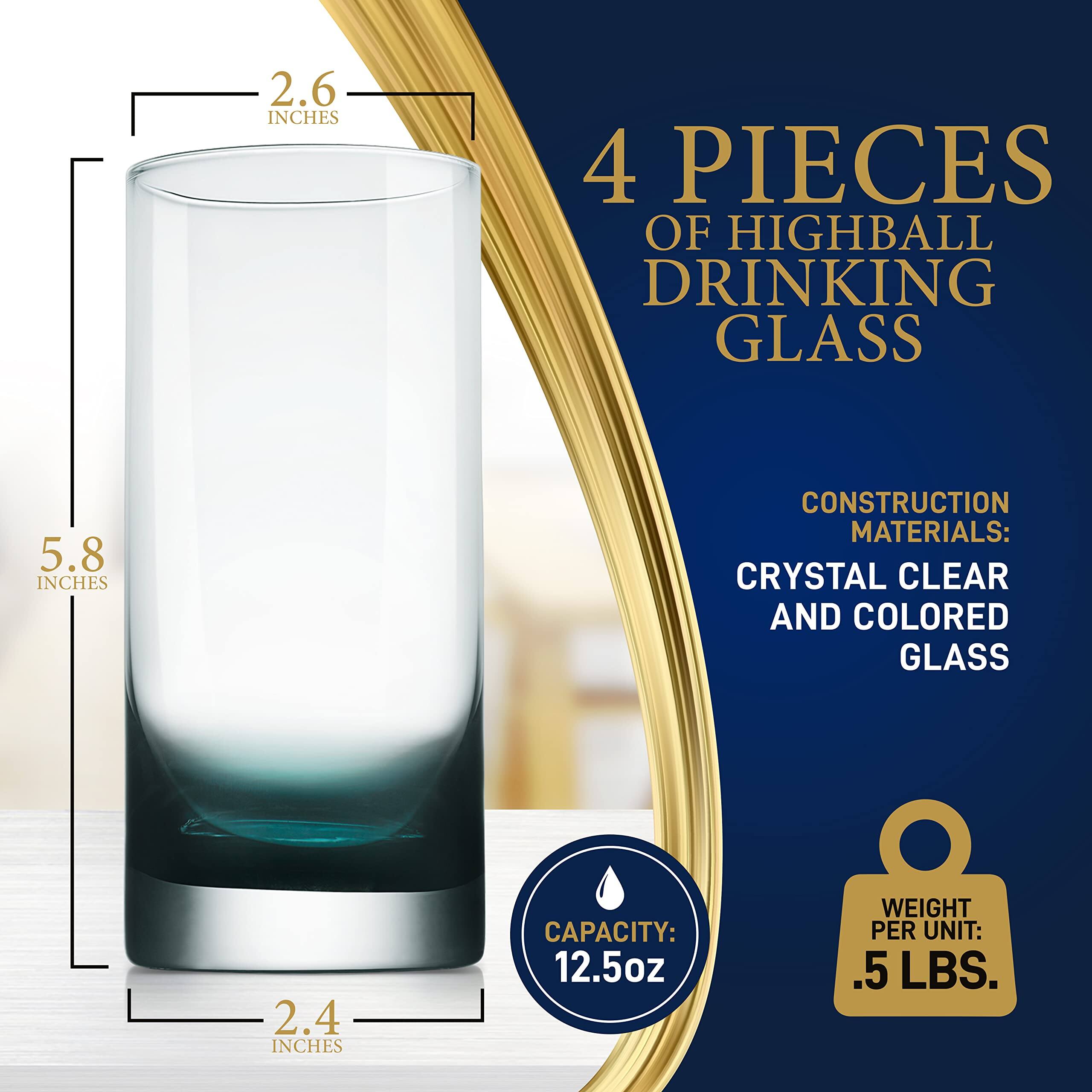 2.6 INCHES  
4 PIECES OF HIGHBALL DRINKING GLASS  
5.8 INCHES  
CONSTRUCTION MATERIALS: CRYSTAL CLEAR AND COLORED GLASS  
2.4 INCHES  
CAPACITY: 12.5oz  
WEIGHT PER UNIT: .5 LBS.