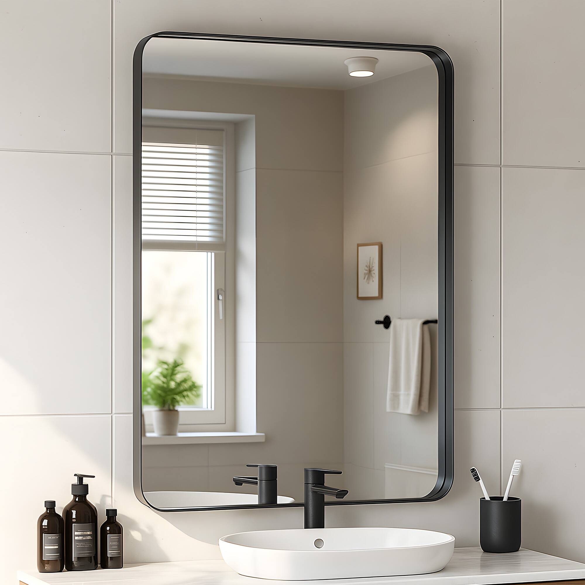 Left. GRANDJOY - Black Bathroom Mirror for Wall, Rounded Rectangle Vanity Mirror, Modern Decorative for Bathroom - 20" * 30".