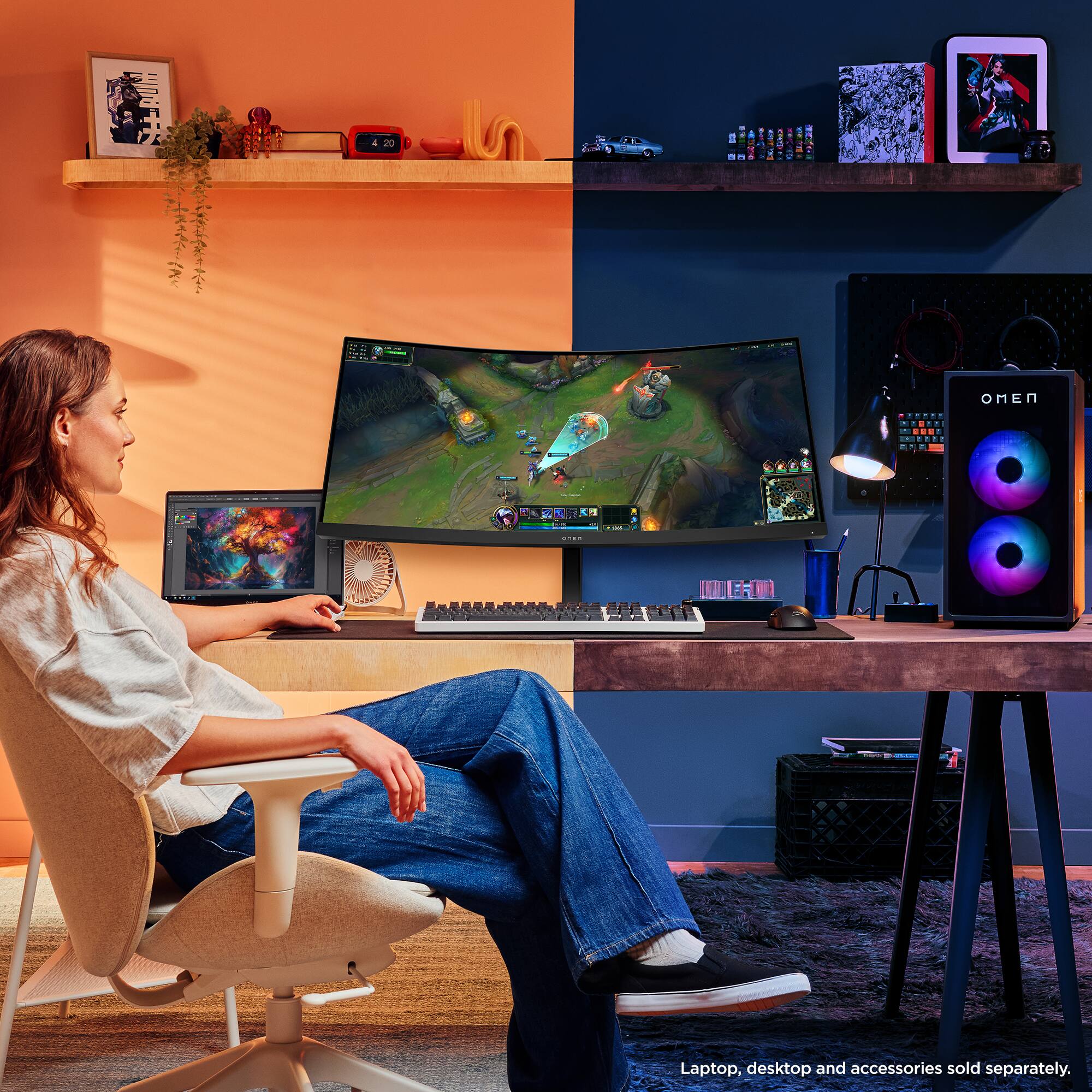 The image shows a woman sitting in a chair in front of a computer desk. She is using a keyboard and a mouse, and there is a large computer monitor in front of her. The desk also has a laptop and a cell phone on it. There are several books and a potted plant nearby, adding to the overall ambiance of the space. The woman appears to be focused on her work or leisure activity, possibly playing a video game or browsing the internet.