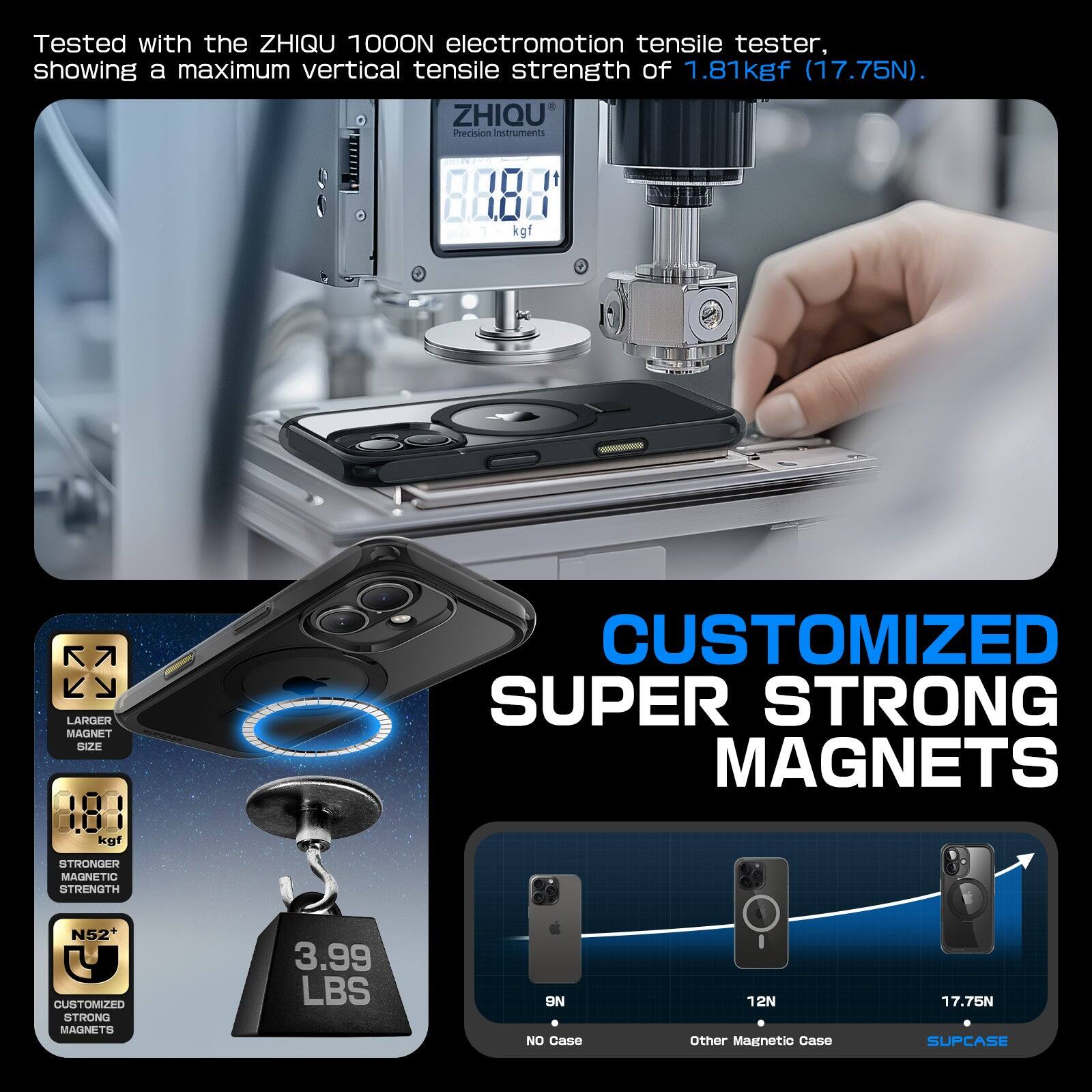 Tested with the ZHIQU 1000ON electromotion tensile tester, showing a maximum vertical tensile strength of 1.81kgf (17.75N).

ZHIQU Precision Instruments

LARGER MAGNET SIZE

STRONGER MAGNETIC STRENGTH N52+

CUSTOMIZED SUPER STRONG MAGNETS

3.99 LBS

NO Case 9N

Other Magnetic Case 12N

SUPCASE 17.75N

CUSTOMIZED SUPER STRONG MAGNETS