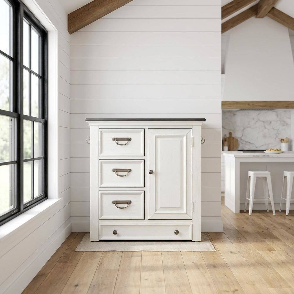 Alt View 1. Starlight Canyon Home - Cottage Pine Dog Feeding Station Cabinet with Pet Food Storage Drawers - Wirebrushed White W/ Charcoal Tops.
