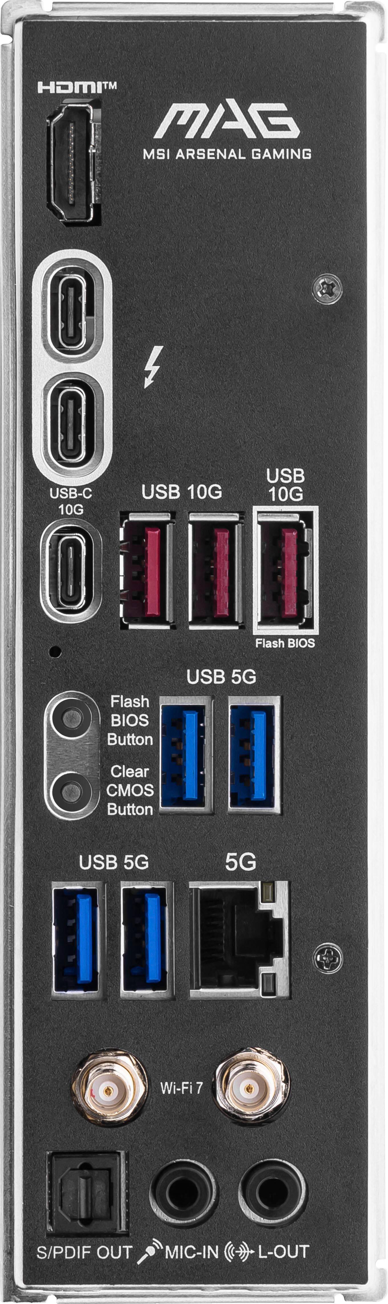 The text on the image reads: "HOMIT MAG MSI ARSENAL GAMING I USB-C 10G USB 10G USB 10G Flash BIOS Flash BIOS Button USB 5G Clear CMOS Button USB 5G 5G Wi-Fi 7 7 S/PDIF OUT MIC-IN L-OUT."