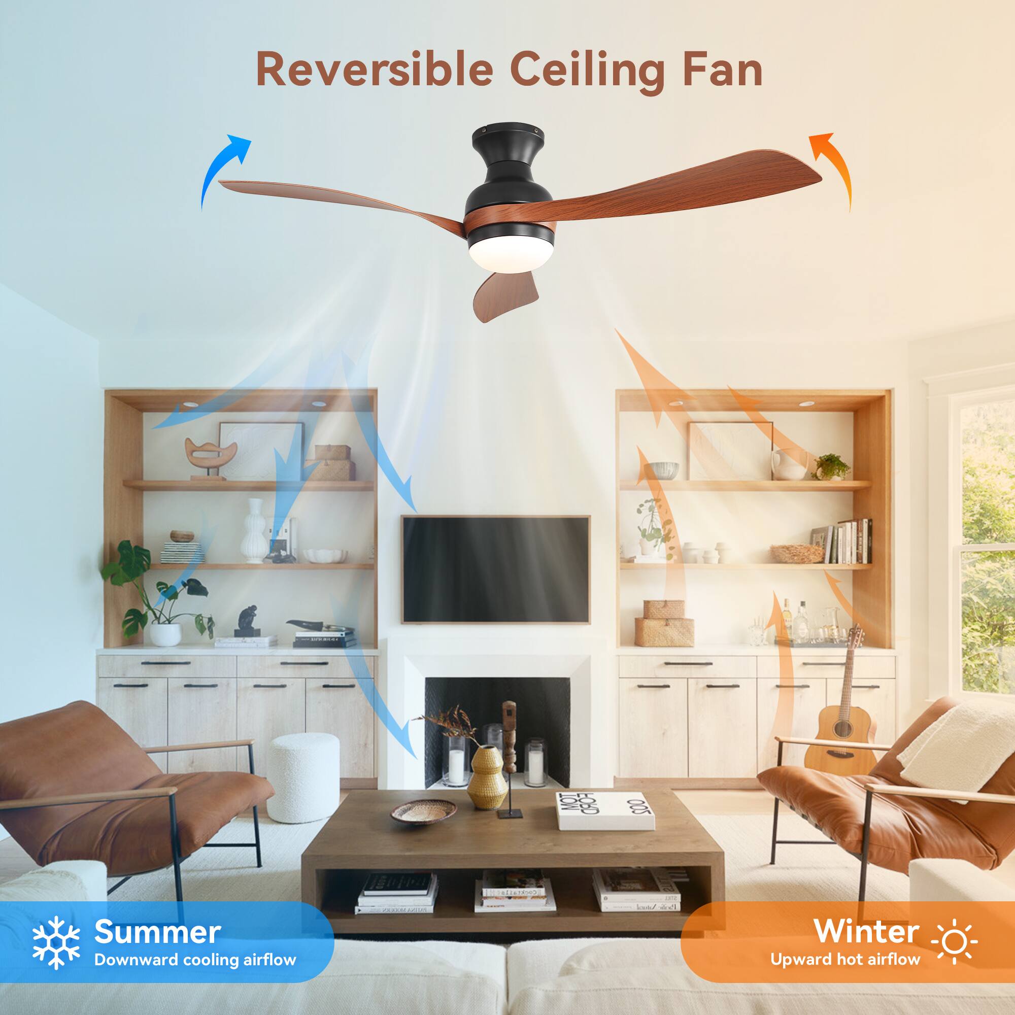 Reversible Ceiling Fan

Summer  
Downward cooling airflow

Winter  
Upward hot airflow