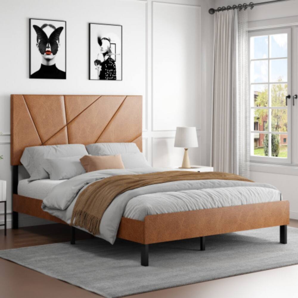 Angle. LUCKY ONE - Full Size Metal Platform Bed Frame with Upholstered Headboard, Square Design, Under-Bed Storage, No Box Spring Needed - Antique brown.