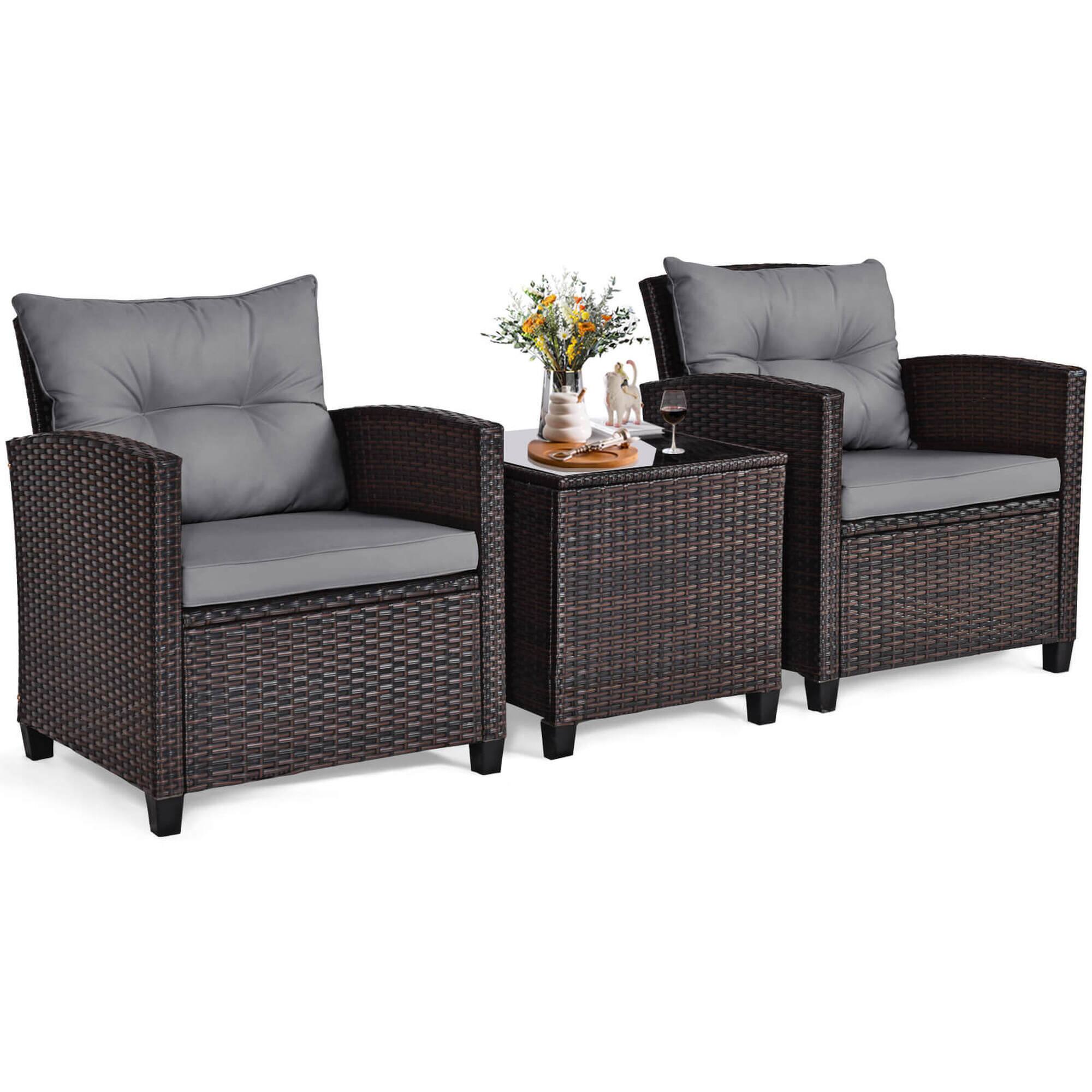 Alt View 9. Costway - 3 PCS Patio Rattan Furniture Set Cushioned Conversation Set Sofa - Gray.