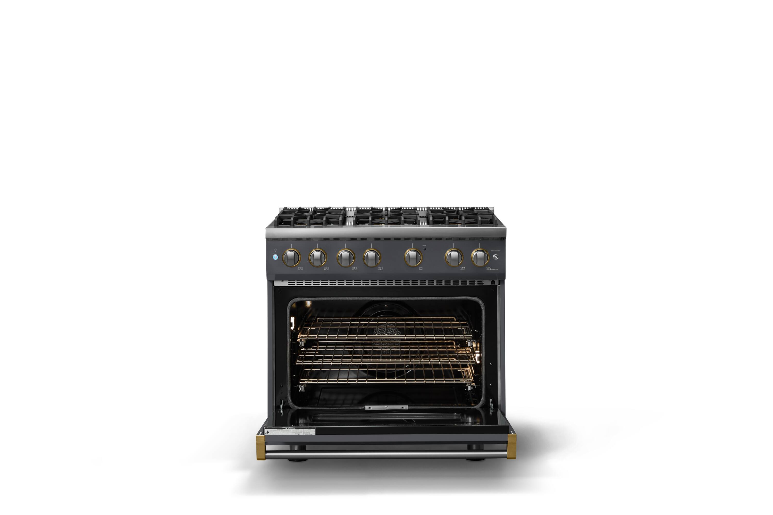 Alt View 2. Viking - Pro 5 Series 5.1 Cu. Ft. Freestanding Sealed 6 Burner Gas Convection Range - Damascus Gray w. Brushed Brass Trim - Cast Black.