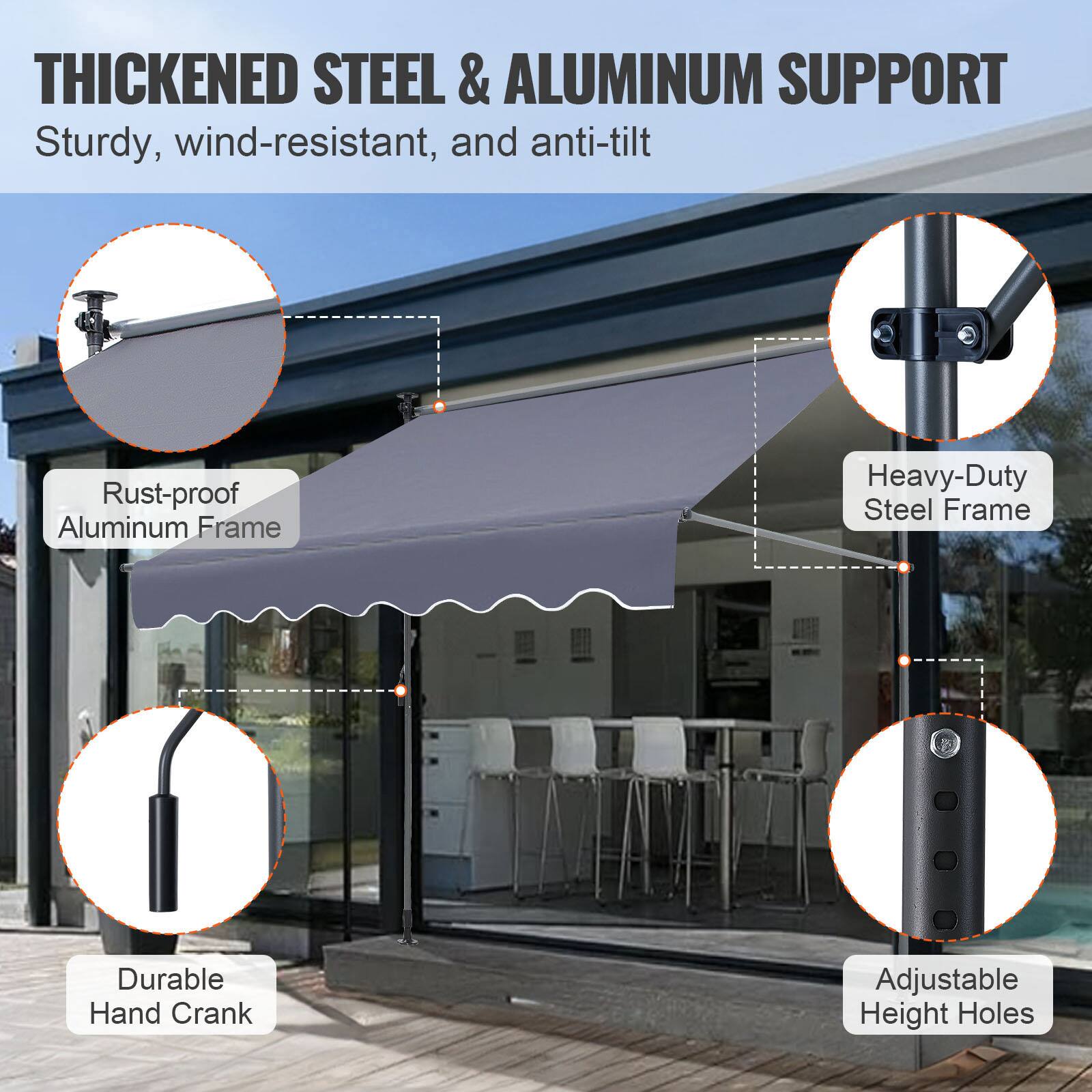 THICKENED STEEL & ALUMINUM SUPPORT
Sturdy, wind-resistant, and anti-tilt

Rust-proof Aluminum Frame
Heavy-Duty Steel Frame
Durable Hand Crank
Adjustable Height Holes