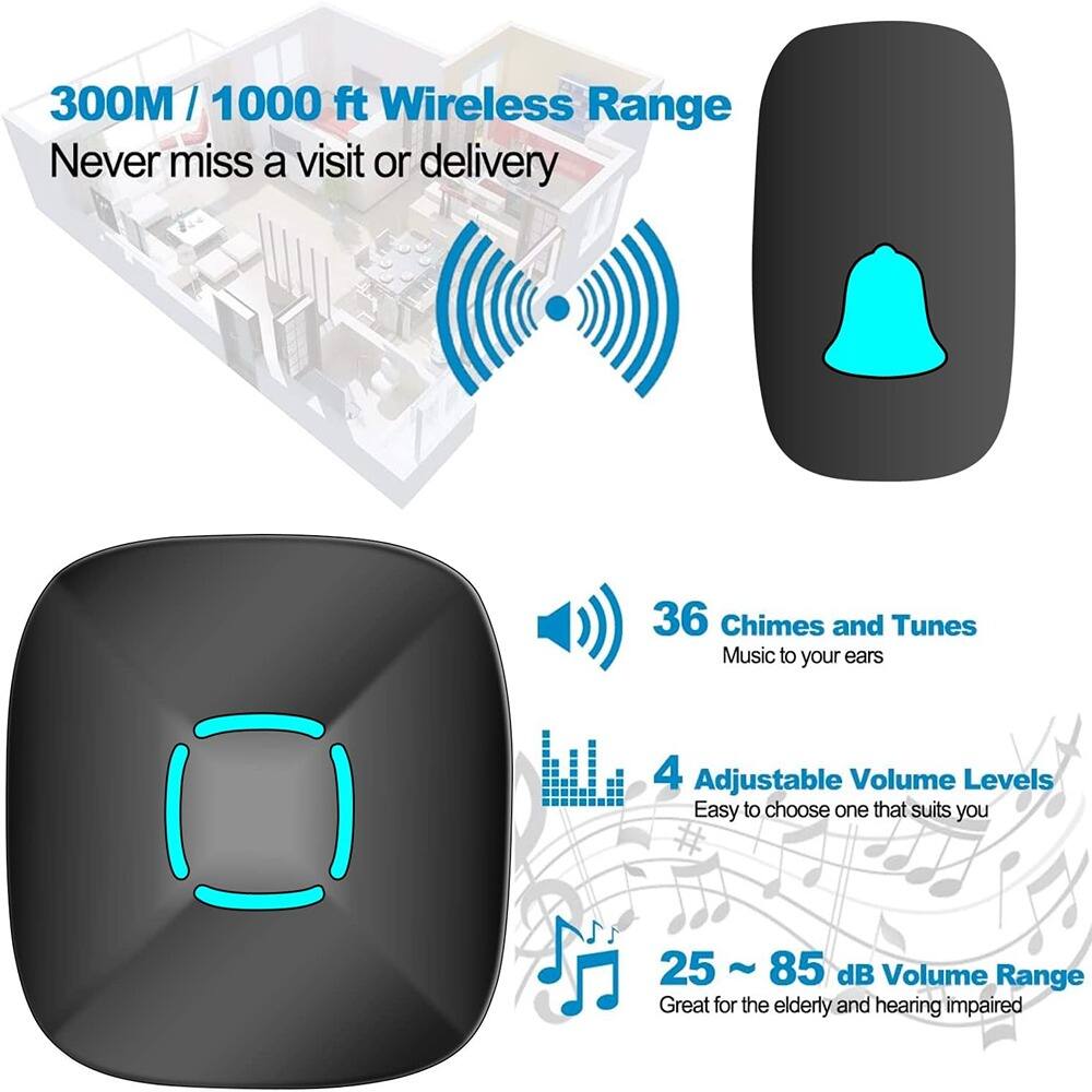 300M / 1000 ft Wireless Range  
Never miss a visit or delivery  

36 Chimes and Tunes  
Music to your ears  

4 Adjustable Volume Levels  
Easy to choose one that suits you  

25 ~ 85 dB Volume Range  
Great for the elderly and hearing impaired