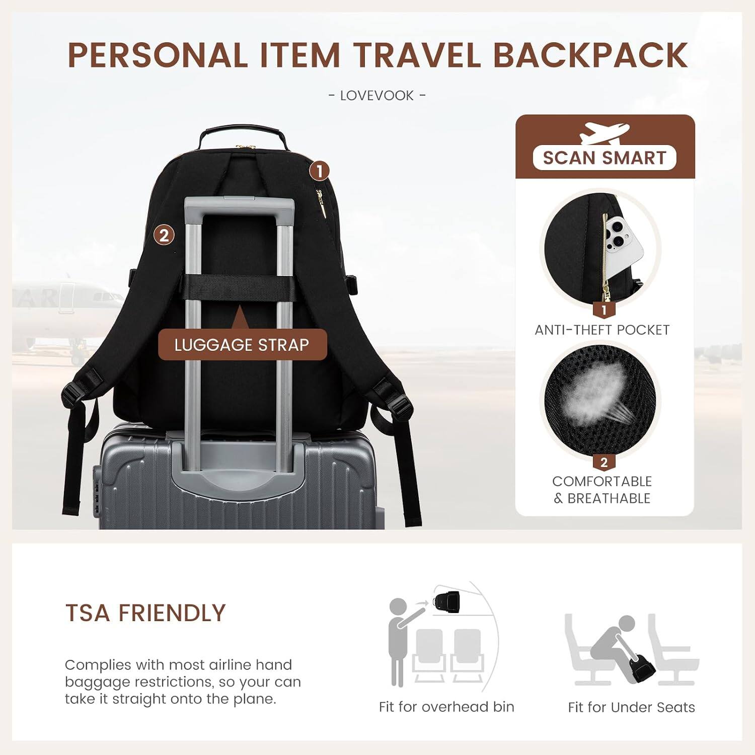 PERSONAL ITEM TRAVEL BACKPACK
- LOVEVOOK -

1. SCAN SMART
2. LUGGAGE STRAP

- 1 ANTI-THEFT POCKET
- 2 COMFORTABLE & BREATHABLE

TSA FRIENDLY
Complies with most airline hand baggage restrictions, so your can take it straight onto the plane.

- Fit for overhead bin
- Fit for Under Seats