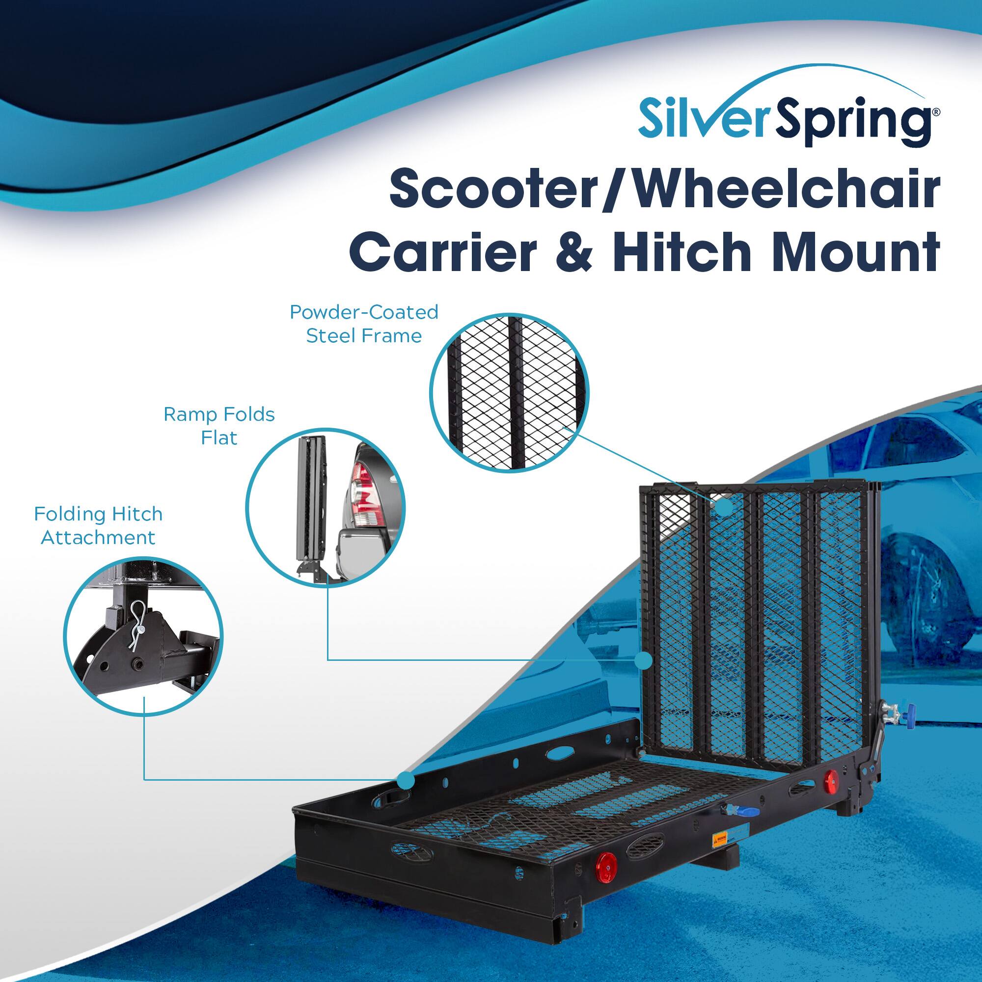 Silver Spring Scooter/Wheelchair Carrier & Hitch Mount

- Powder-Coated Steel Frame
- Ramp Folds Flat
- Folding Hitch Attachment
