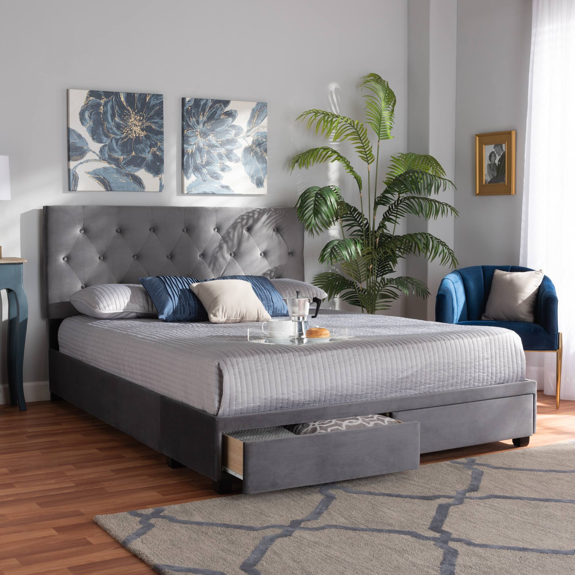 Alt View 5. Baxton Studio - Caronia Modern and Contemporary Velvet Fabric Upholstered 2-Drawer Queen Size Platform Storage Bed - Grey/Black.