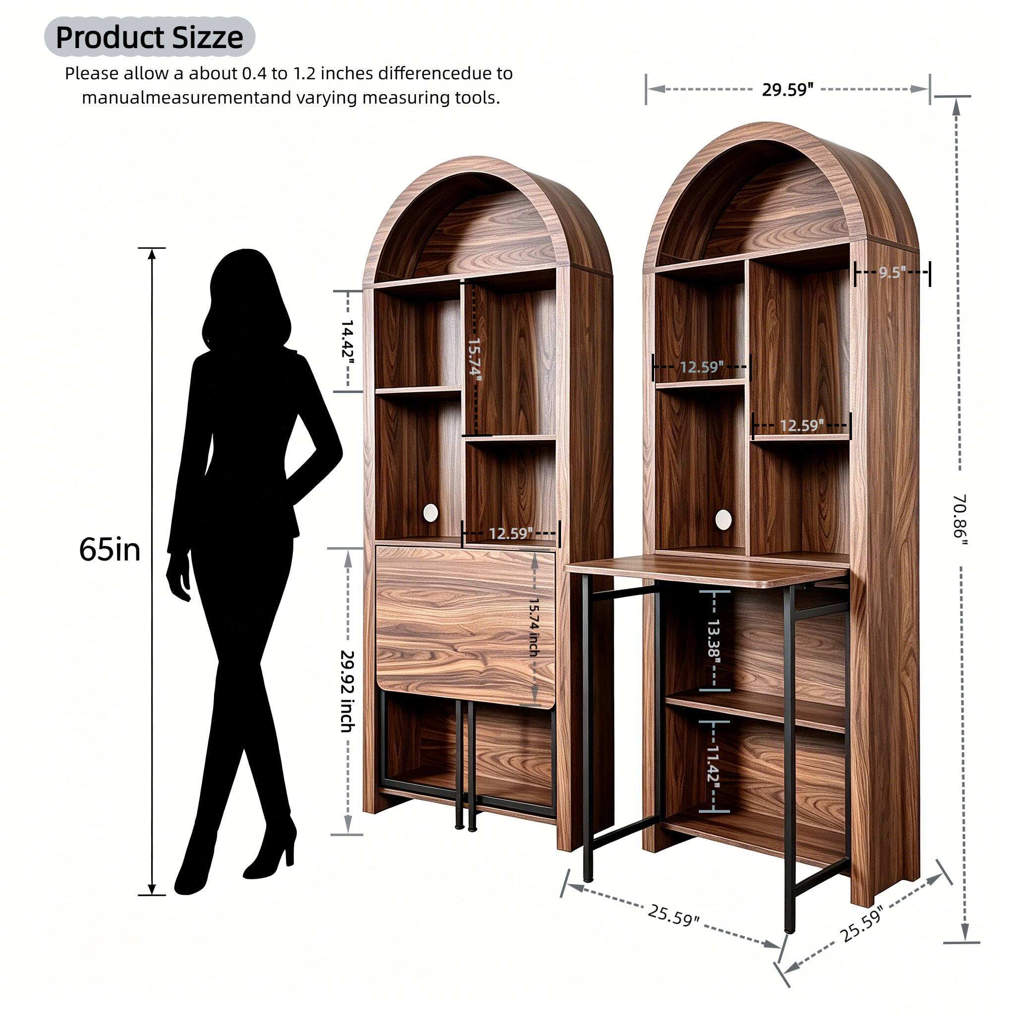 Product Size

Please allow a about 0.4 to 1.2 inches difference due to manual measurement and varying measuring tools.

- 29.59"
- 14.42"
- 15.74"
- 12.59"
- 9.5"
- 12.59"
- 65in
- 70.86"
- 29.92 inch
- 15.74 inch
- 11.42"
- 25.59"