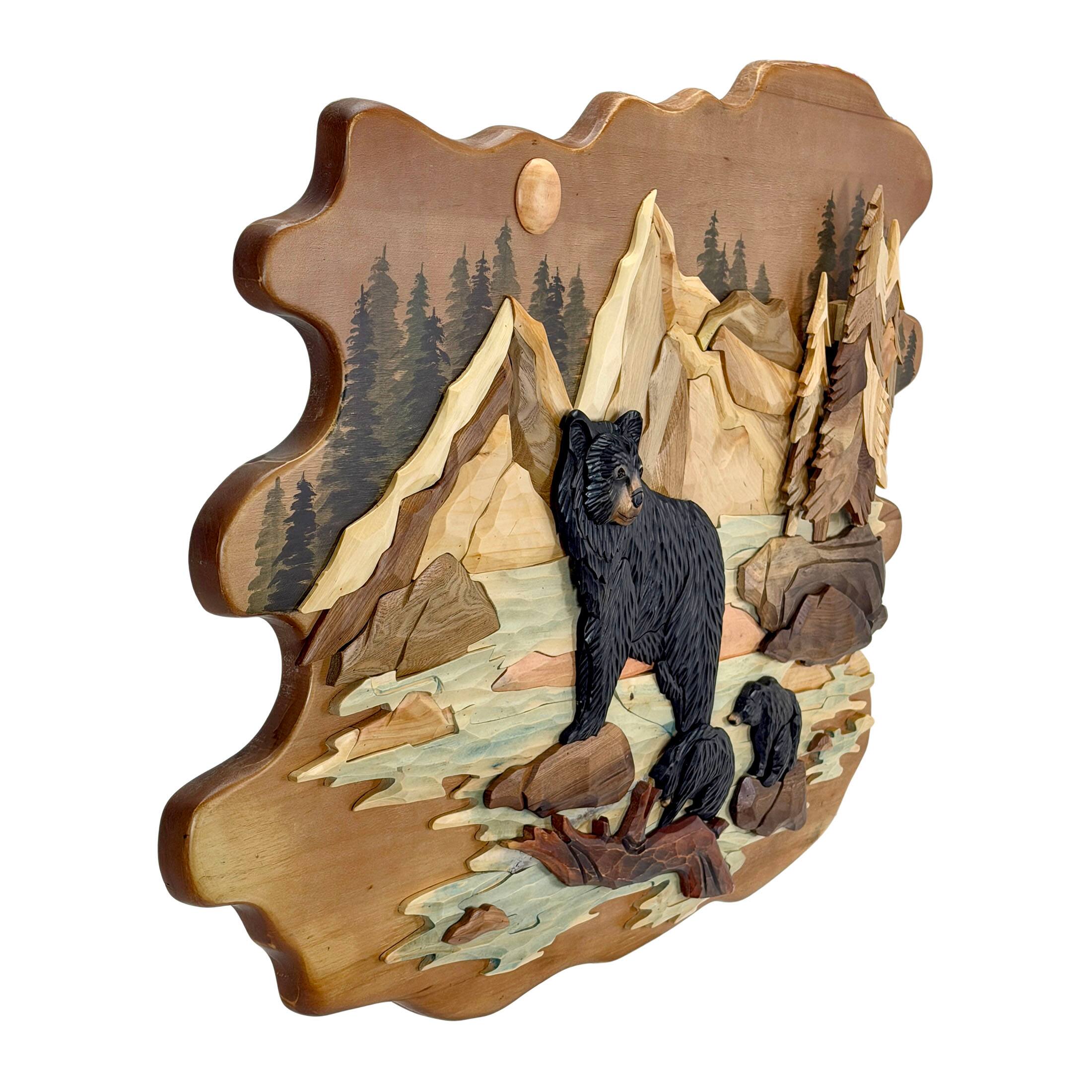 Alt View 1. Zeckos - Bear Family River 25.5x34 Intarsia Wood Wall Sculpture Rustic Cabin Art - Brown.