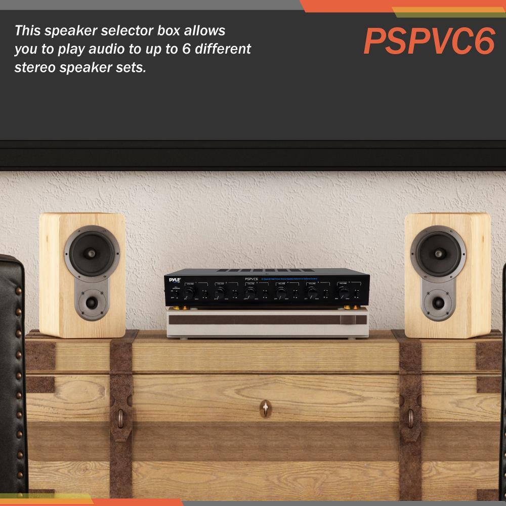 This speaker selector box allows you to play audio to up to 6 different stereo speaker sets.

PSPVC6

PYLE SC 0736367313626