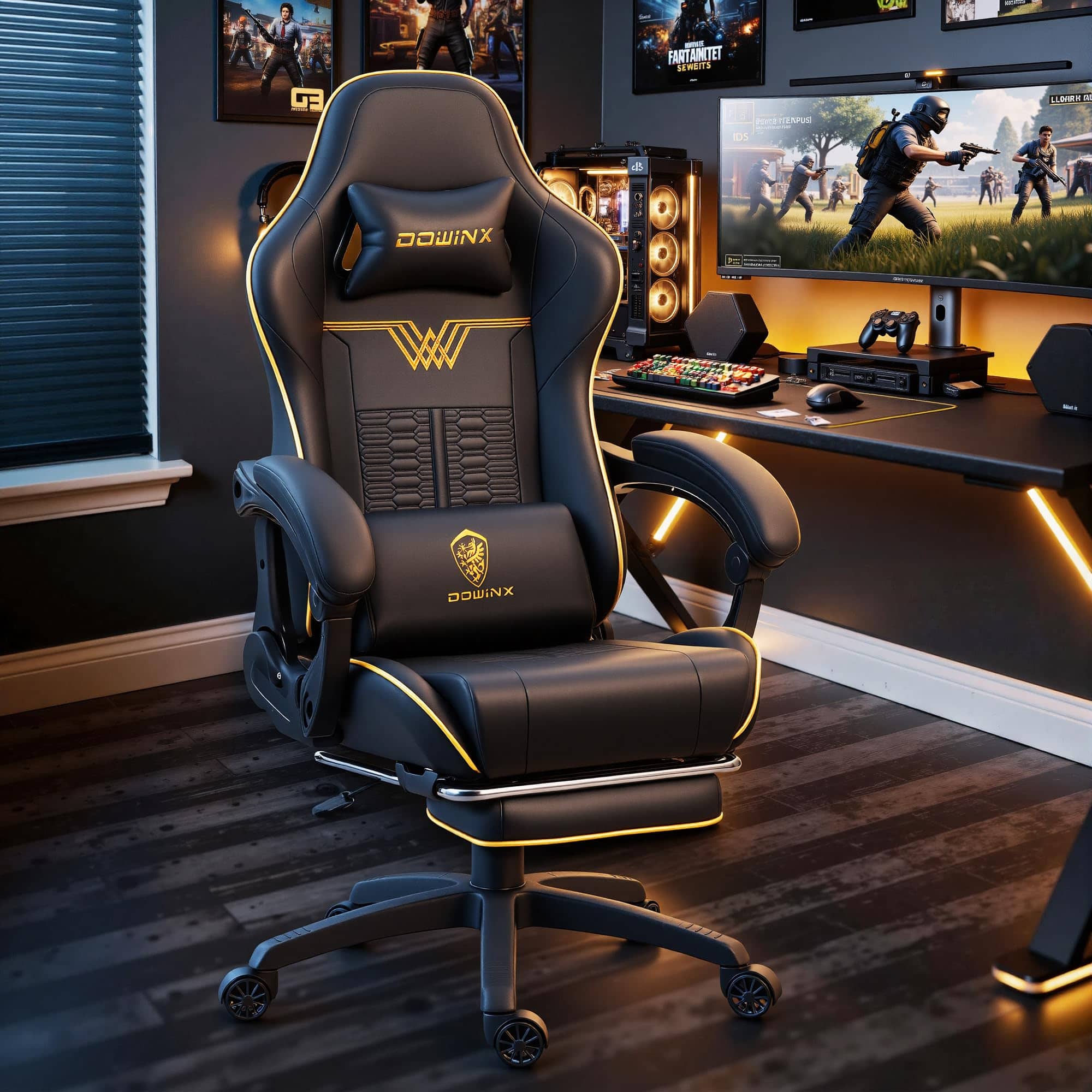 Dowinx - Ergonomic Gaming Chair with Massage Lumbar Support, Office Chair Big and Tall with Footrest&Headrest for Adults - Black