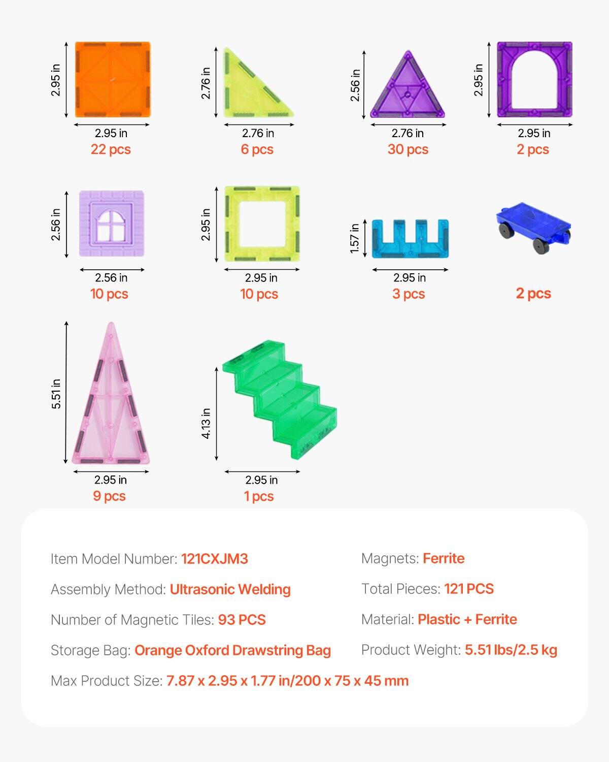 - 2.95 in x 2.95 in: 22 pcs
- 2.76 in x 2.76 in: 6 pcs
- 2.56 in x 2.76 in: 30 pcs
- 2.95 in x 2.95 in: 2 pcs
- 2.56 in x 2.56 in: 10 pcs
- 1.57 in x 2.56 in: 10 pcs
- 5.51 in x 2.95 in: 9 pcs
- 4.13 in x 2.95 in: 1 pcs
- 2.95 in x 2.95 in: 3 pcs
- 2.95 in x 2.95 in: 2 pcs

Item Model Number: 121CXJM3  
Magnets: Ferrite  
Assembly Method: Ultrasonic Welding  
Total Pieces: 121 PCS  
Number of Magnetic Tiles: 93 PCS  
Material: Plastic + Ferrite  
Storage Bag: Orange Oxford Drawstring Bag  
