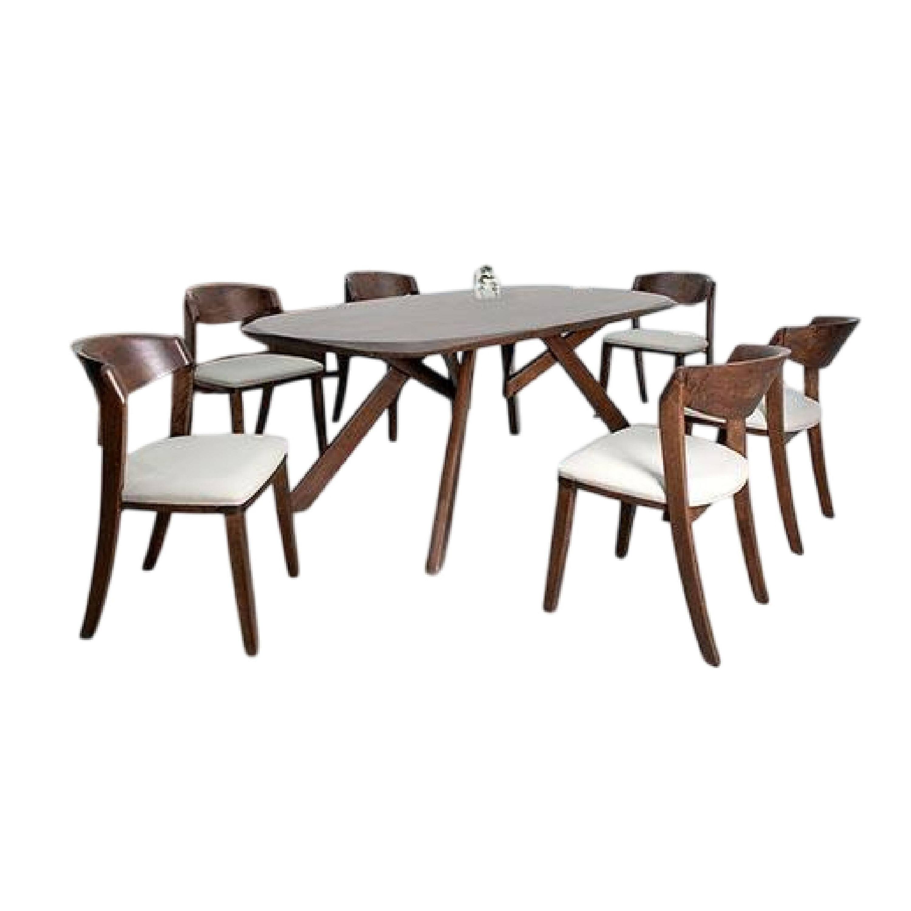 Alt View 1. Manhattan Lane - Ziva 7pc Dining Table Set, 6 Ivory Chairs, 3D Edge Brown Solid Wood - Walnut Brown, Ivory.