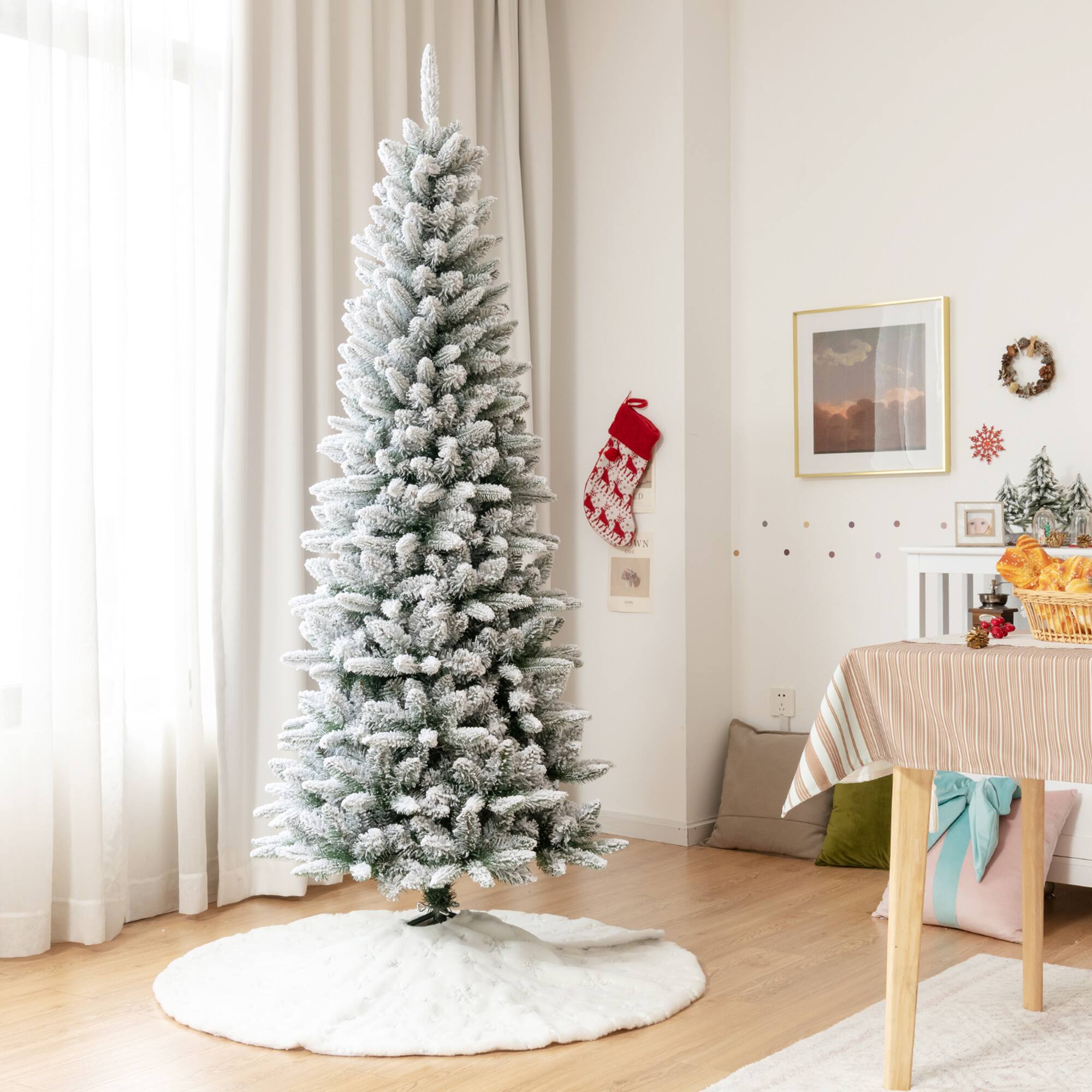 Alt View 3. Gymax - Gymax 6.5 FT Artificial Slim Christmas Tree Unlit Snow-Flocked Xmas Pencil Tree - White.