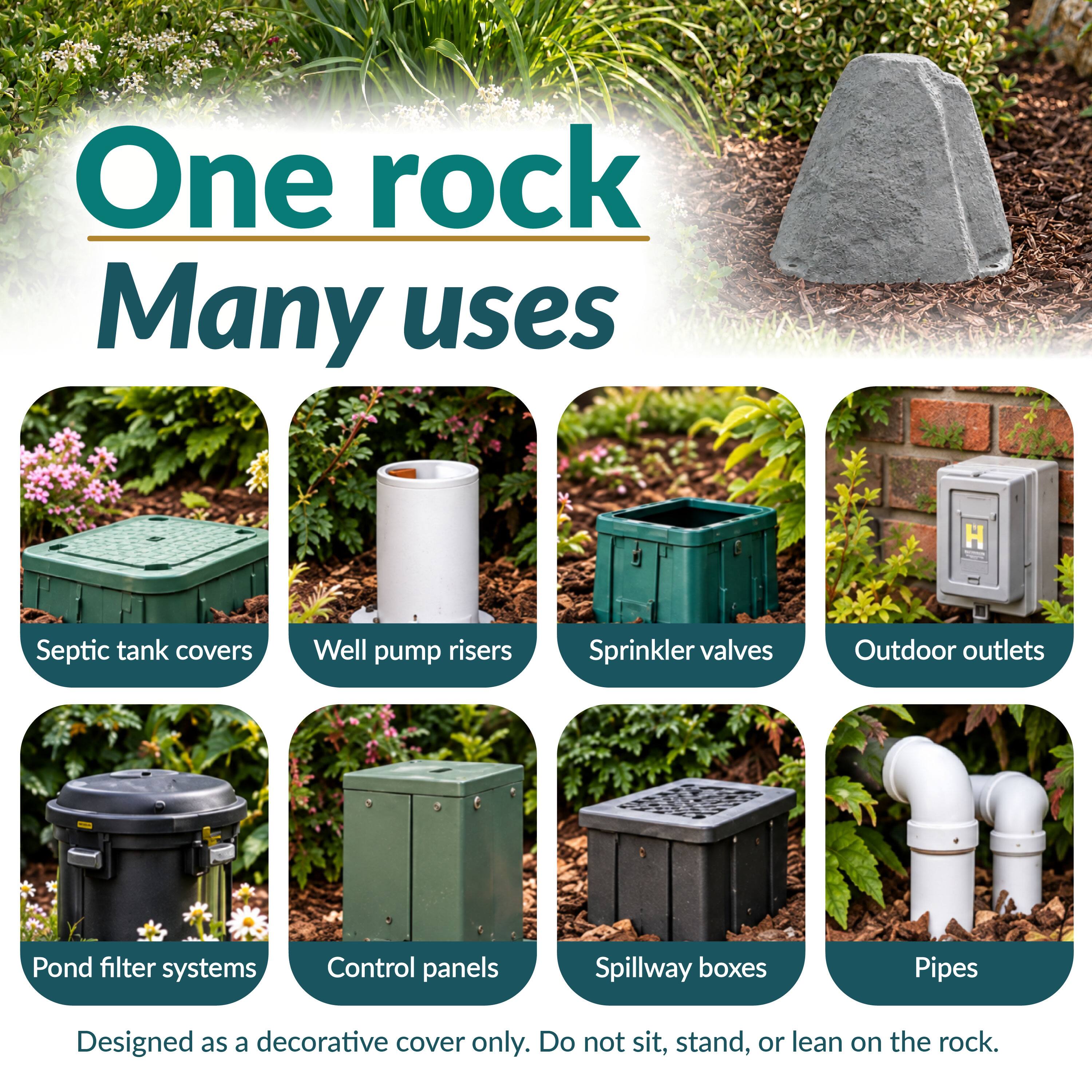 One rock Many uses

Septic tank covers
Well pump risers
Sprinkler valves
Outdoor outlets
Pond filter systems
Control panels
Spillway boxes
Pipes

Designed as a decorative cover only. Do not sit, stand, or lean on the rock.